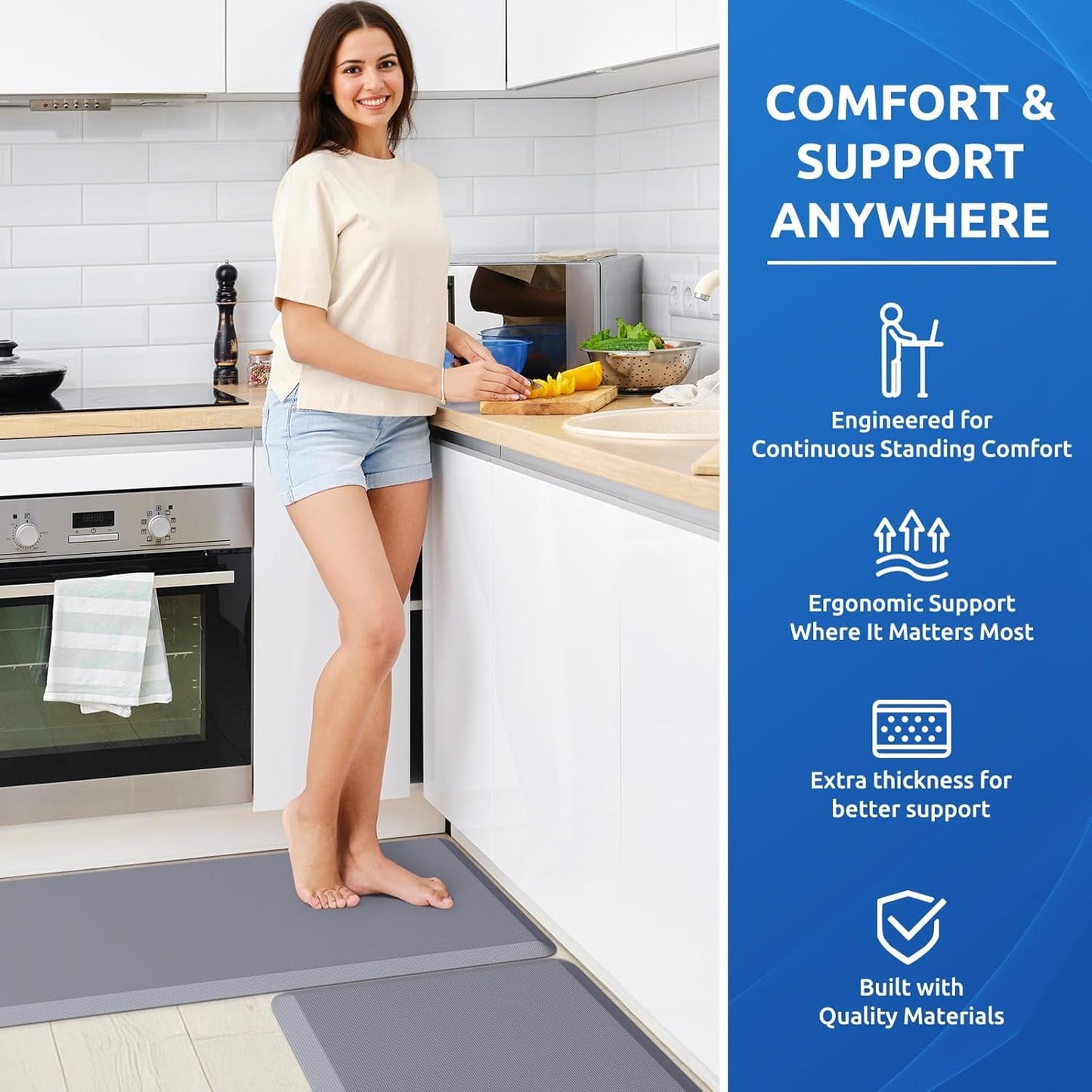 KitchenClouds 2PCS Kitchen Rugs Cushioned Anti-Fatigue Non-Slip Waterproof Kitchen Mat Comfort Foam Standing Mat for Floor Office Sink Laundry (Grey)