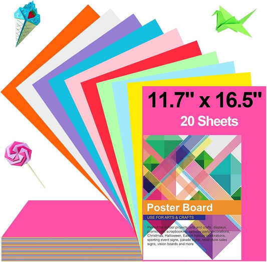 20 Pcs Poster Board Colorful Paper 11.7x16.5, ROOKEA Vision Boards Bulk Blank Graphic Display Posterboard Card Paper for Kids School Classroom Arts Craft Projects Drawing Scrapbooking