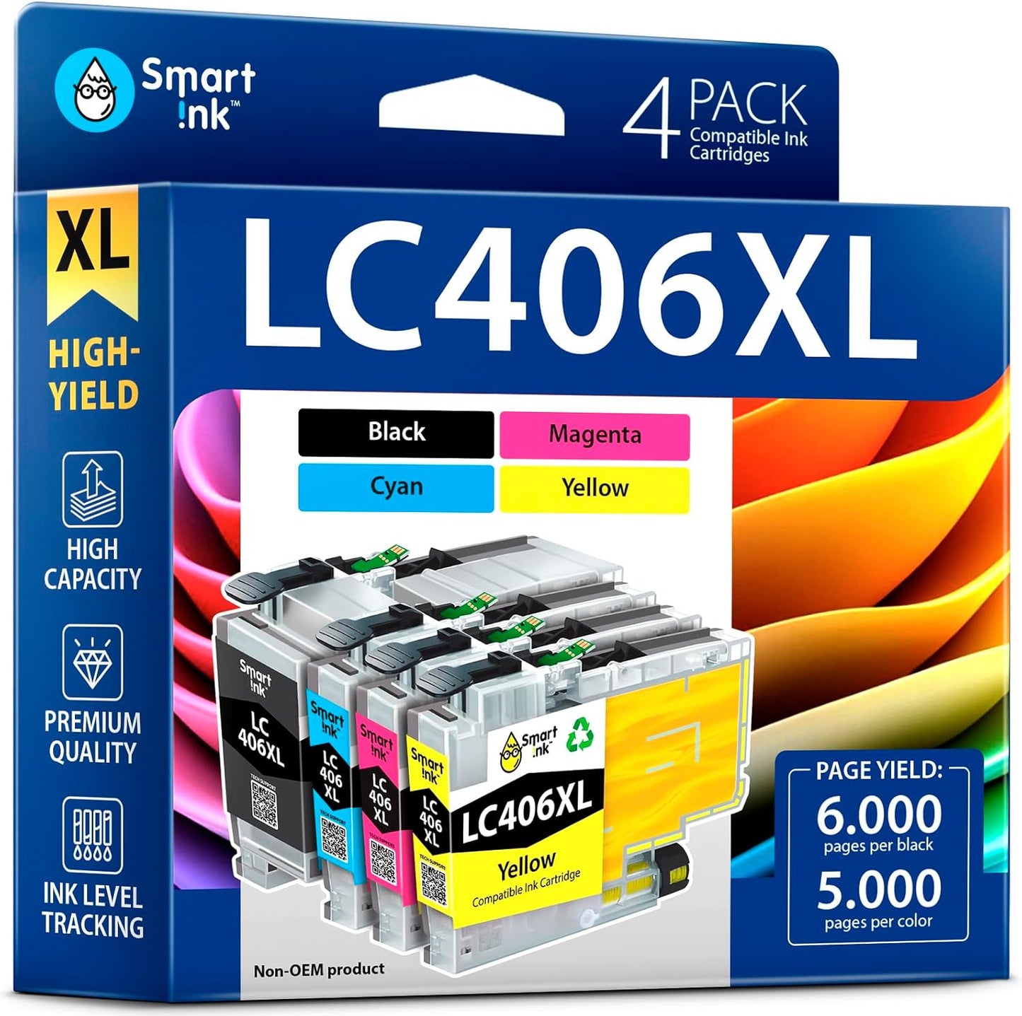 Smart Ink Compatible Ink Cartridges Replacement for Brother LC406 XL LC406XL for Brother Printer MFC-J4335DW MFC-J4535DW MFC-J5855DW MFC-J6555DW MFC-J4345DW XL (4 Pack, Black, Cyan, Magenta, Yellow)