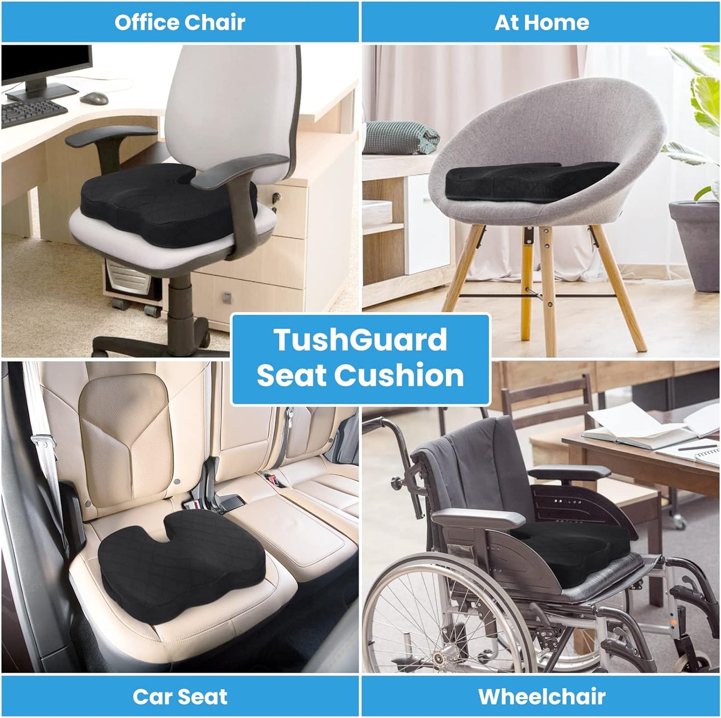 TushGuard Seat Cushion - Cushion for Office Chair, Car Seat, Airplane, Bleacher - Sciatica & Coccyx Pain Relief Desk Chair Cushion for Long Sitting Office Workers, Car Drivers(Black, XX-Large)