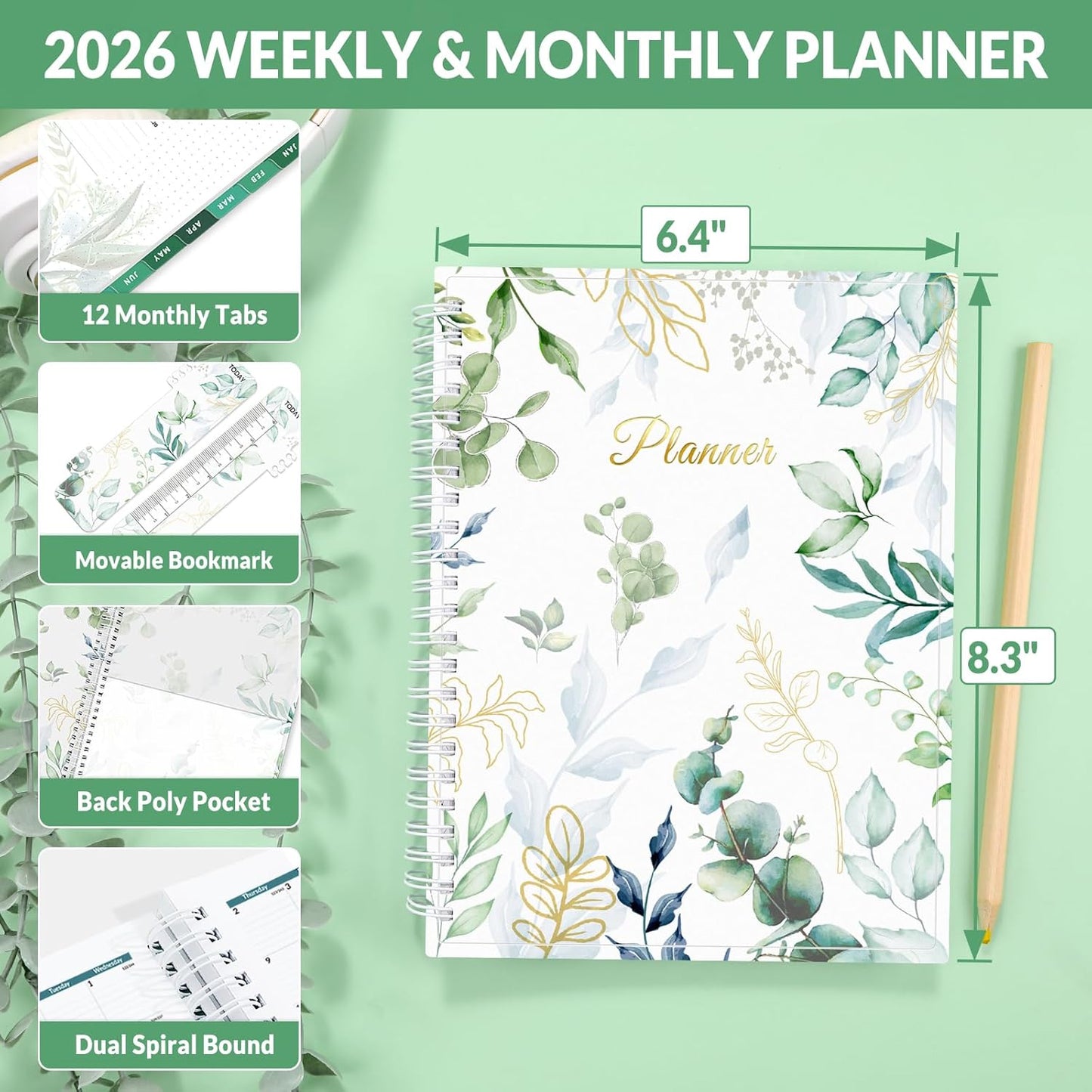 SUNEE 2026 Weekly and Monthly Planner - from January 2026 - December 2026, 6.4" x 8.3" Daily Agenda Planner with Monthly Tab, Flexible Cover, Note Pages, Pockets, Bookmark, Spiral Binding, Greenery