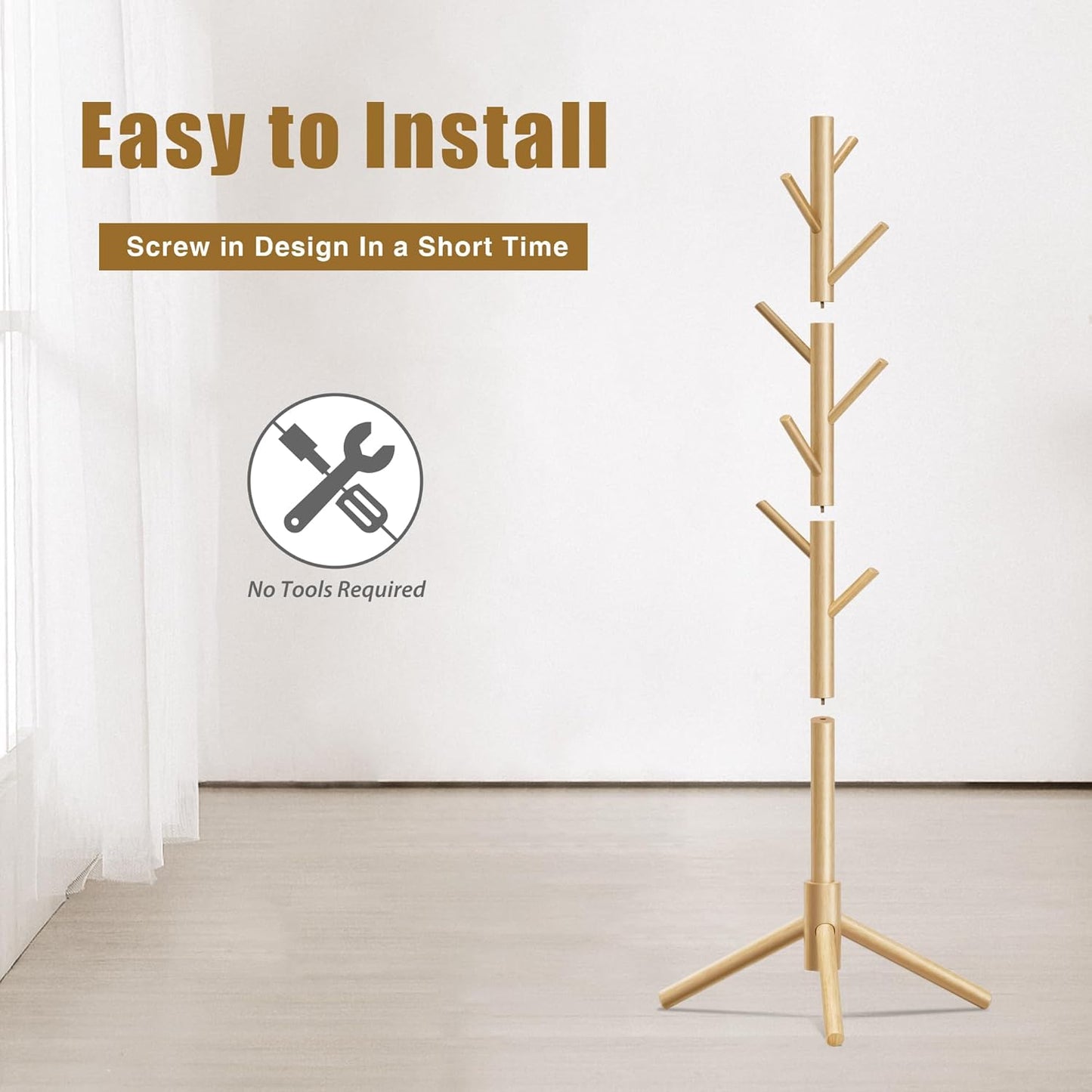 Wooden Coat Rack, Free Standing Coat Rack with 8 Hooks 3 Adjustable Heights for Clothes, Hats, Handbags, Coat Tree Easy Assembly for Entryway, Bedroom, Hallway, Office (New Nature)
