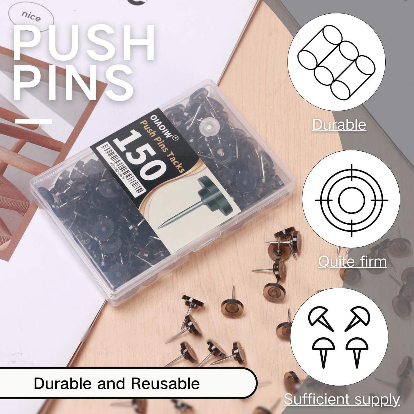 150 PCS Flat Black Push Pins for Wall Clear Thumb Tacks for Walls Flat thumbtacks Push pin for Bulletin Board Shadow Box Display Thumbtack for Cork Board