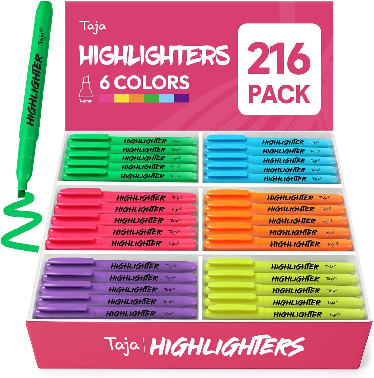 Taja 216 Pack Highlighters Bulk Assorted Bright Colors, 6 Colors Chisel Tip Highlighters Markers Set with No Bleed Ink, Perfect for School & Office Supplies