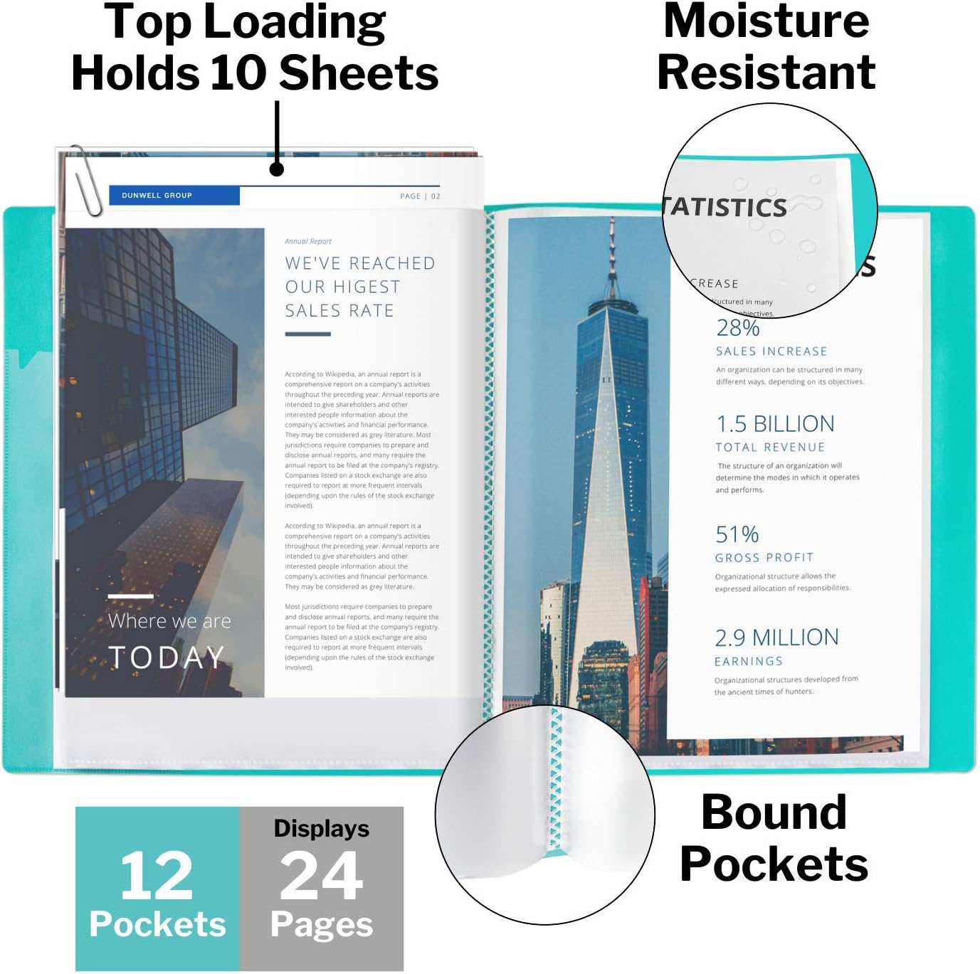 Dunwell Presentation Binder 12-Pocket, Displays 24 Pages, 8.5x11 Portfolio Binder with Plastic Sleeves, Storage and Organizer for Documents, Certificates, Projects, Photos (6 Pack, Aqua)