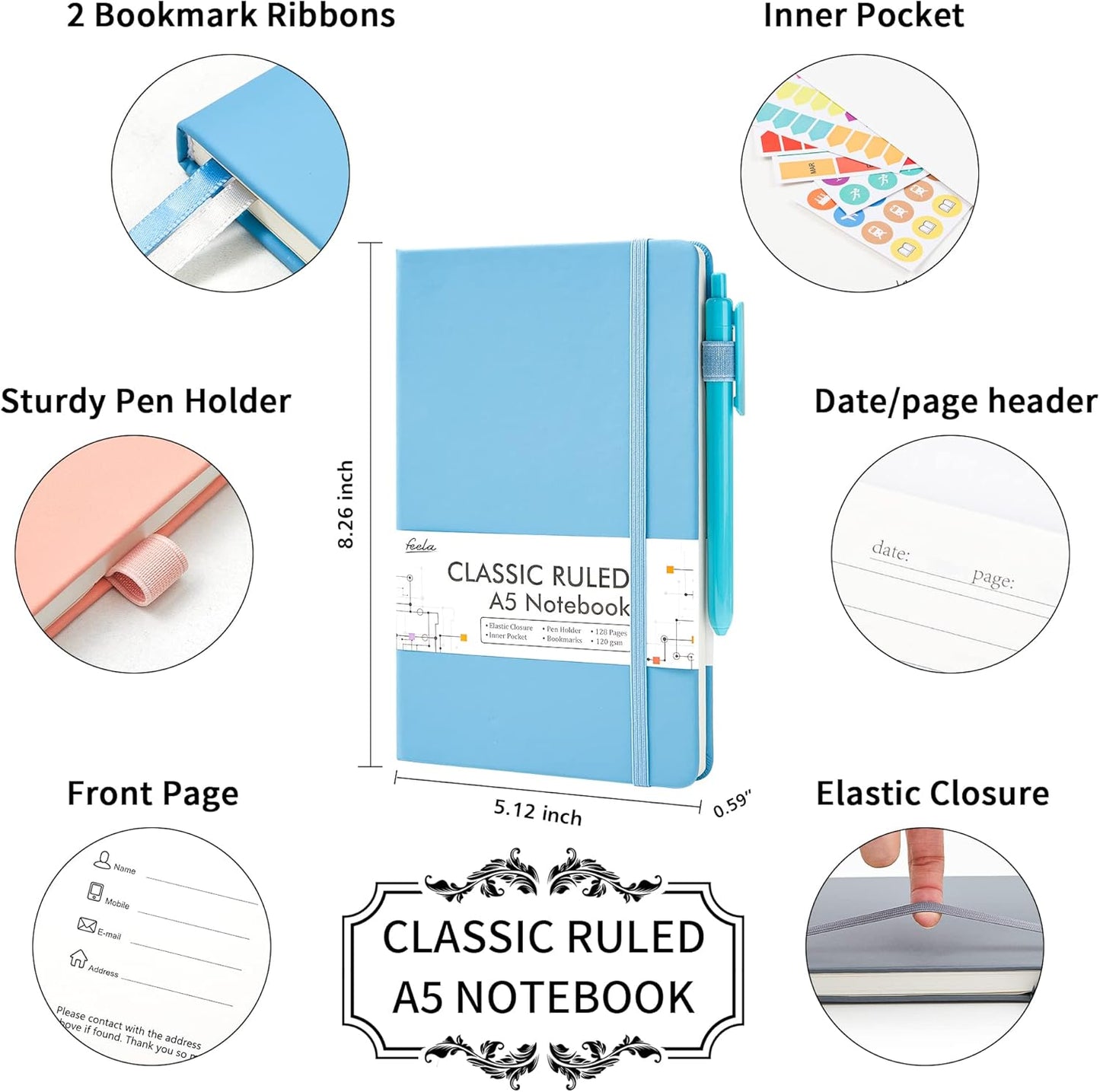 feela 5 Pack Notebooks Journals Bulk, Hardcover Classic Ruled Lined Journals with Pen Holder for Women Girls School Business Supplies, with 5 Black Pens, 120 GSM, 5.1”x8.3”, A5, Mild Colors