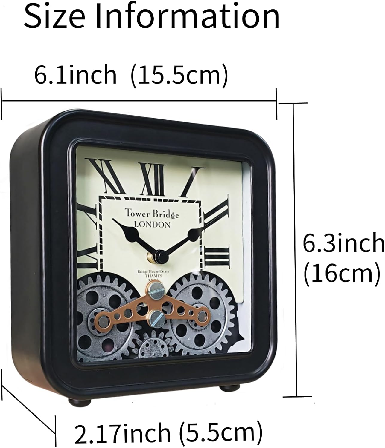 Desk Clock Vintage Metal Table Clocks with Moving Gears, Silent Retro Industrial Steampunk Quartz Small 6 inch End Table Clock for Home Office Living Room Decor Battery Operated (Black)