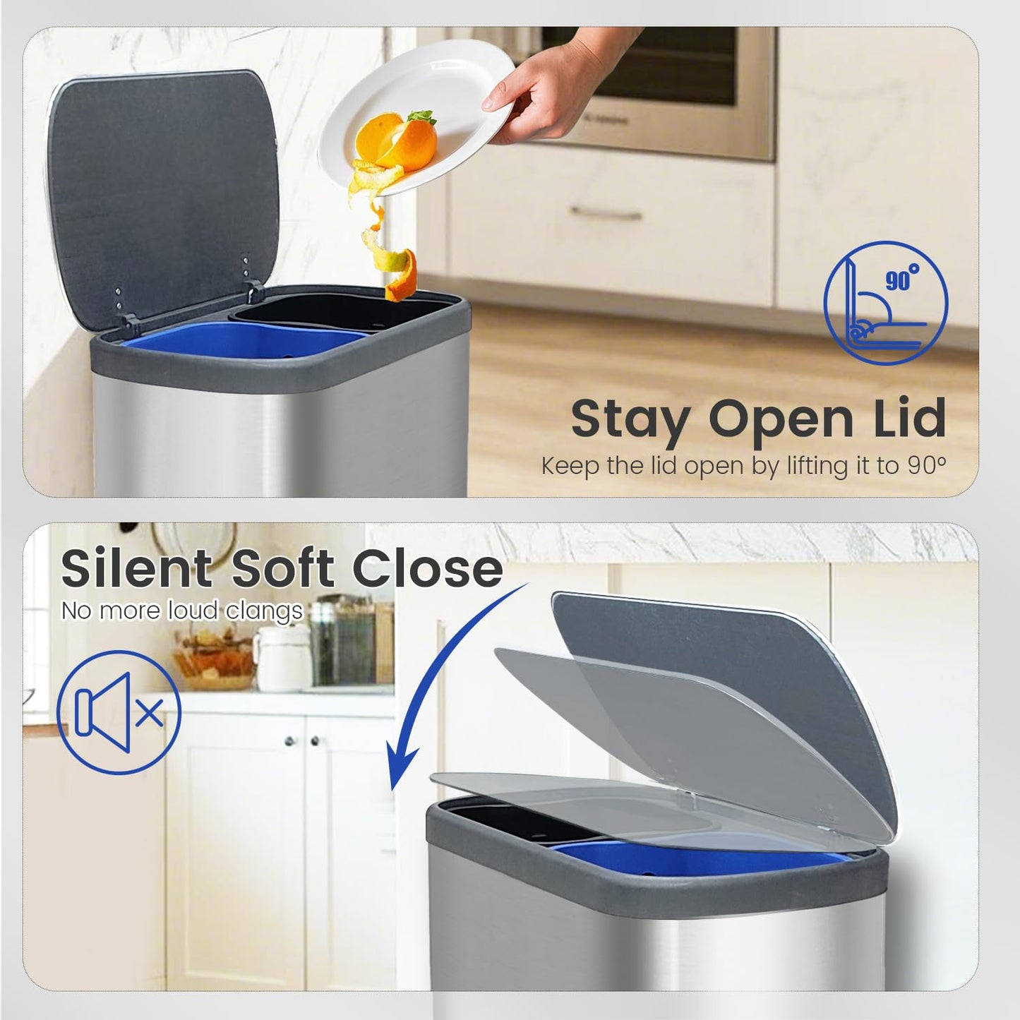 Kitchen Trash Can 16 Gallon, 2 x 30 Liters Trash and Recycle bin Combo, Dual Compartment & Soft Close Lid, Stainless Steel Trash Can, Fingerprint-Proof, 60L Pedal Recycling Bin