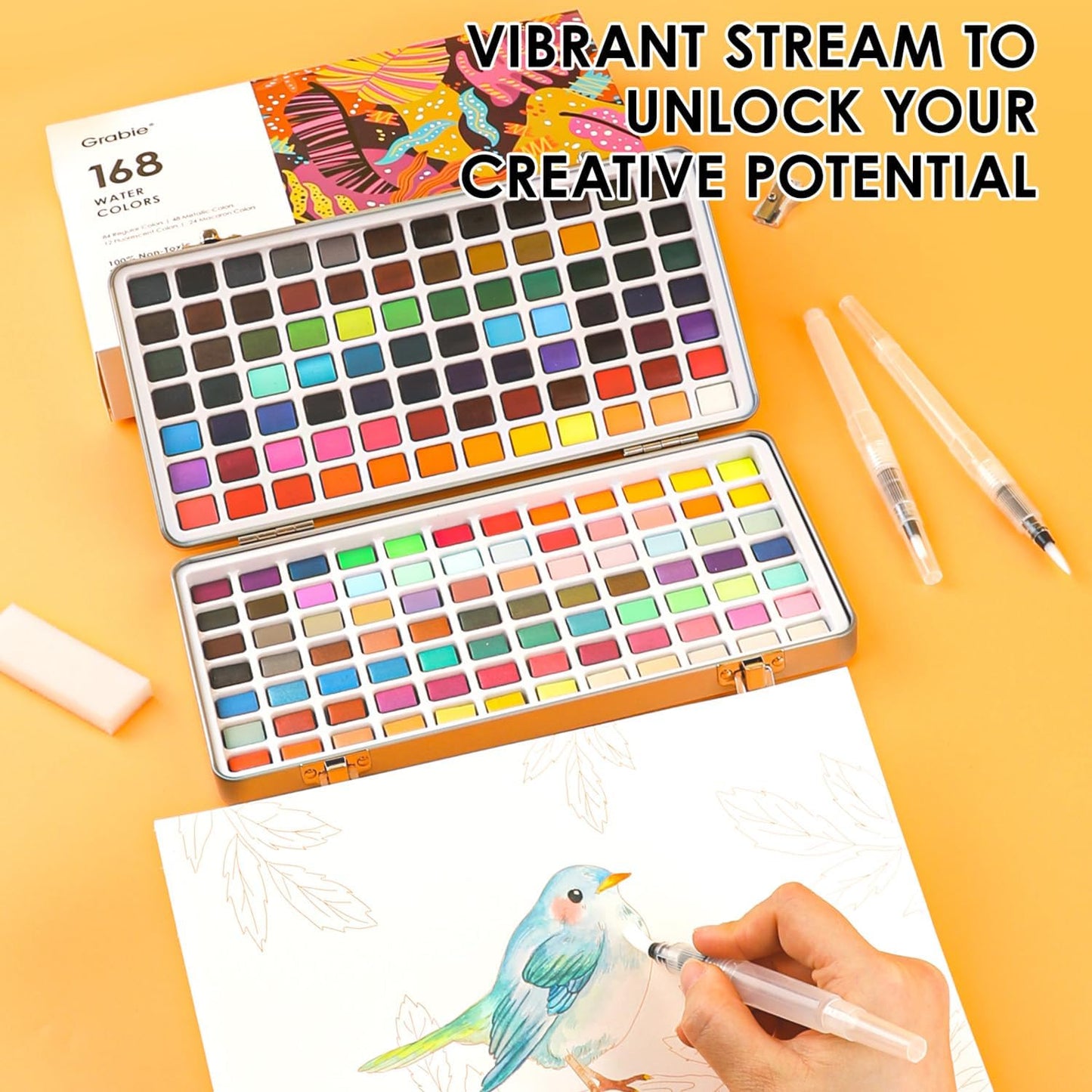 Grabie Watercolor Paint Set, Watercolor Paints, 168 Colors, Painting Set with Coloring Book, Water Brushes and Drawing Pencil, Art Supplies, Perfect Starter Kit for Watercolor Painting