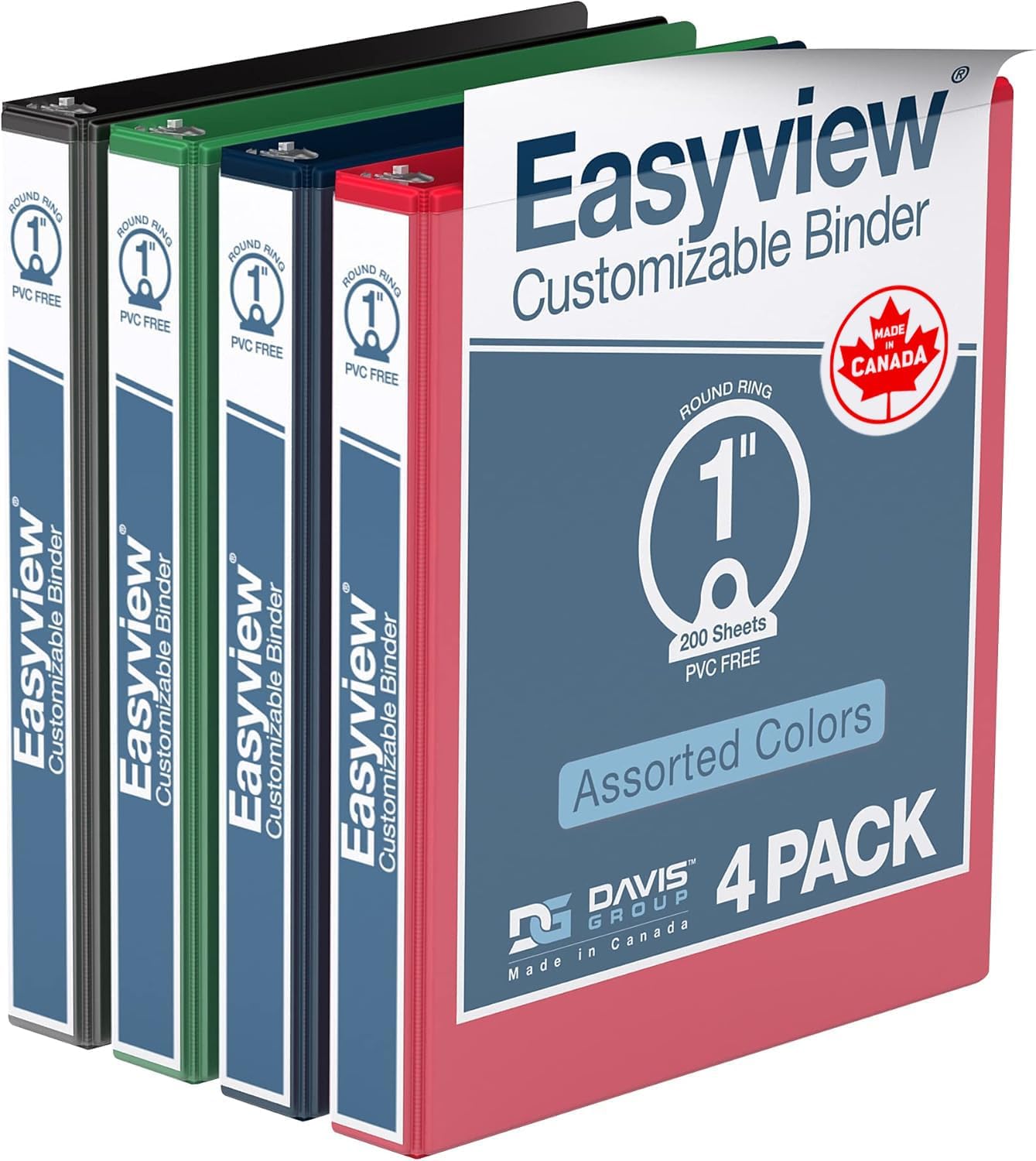 Easyview Premium 3-Ring Binders with Clear-View Covers and Round Rings, Binders for School or Office, 1 Inch, Pack of 4, Classic Colors