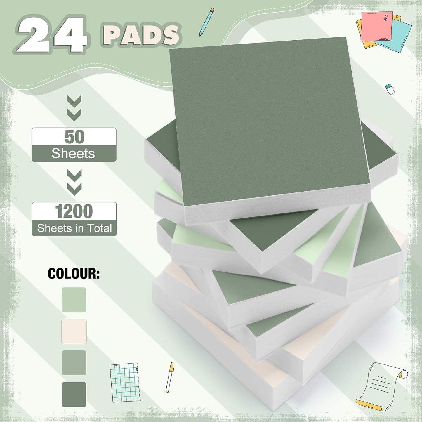 Fainne 24 Pack Sticky Notes Bulk Back to School Supplies Self Stick Note Pads Paper Memo for Office First Day of School Student Teacher Essentials (2 x 2 Inches,Green)