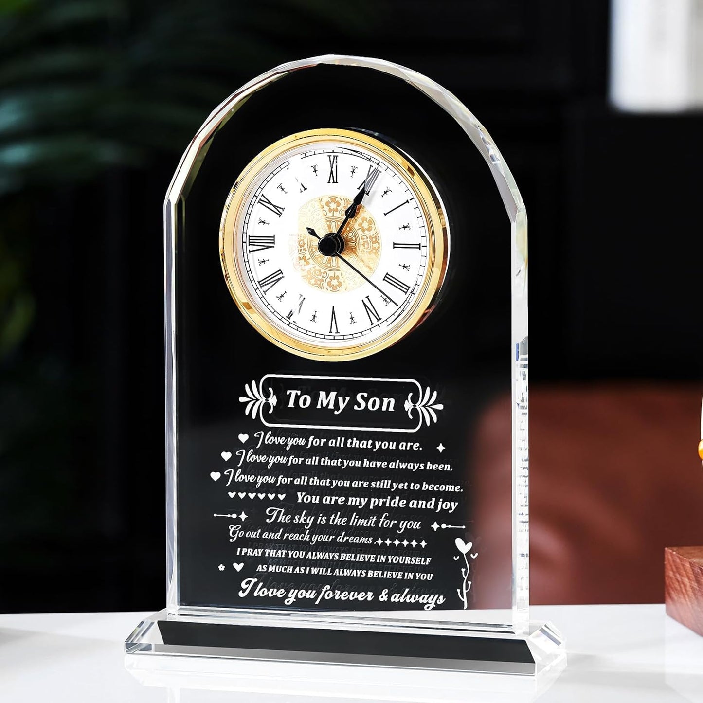to My Son Gift from Mom or Dad, Birthday Graduation Christmas Father’s Day Present for Son Adult, Laser Engraving Glass Clock Gift, Birthday Gifts (Battery not Included) (Son Gifts)