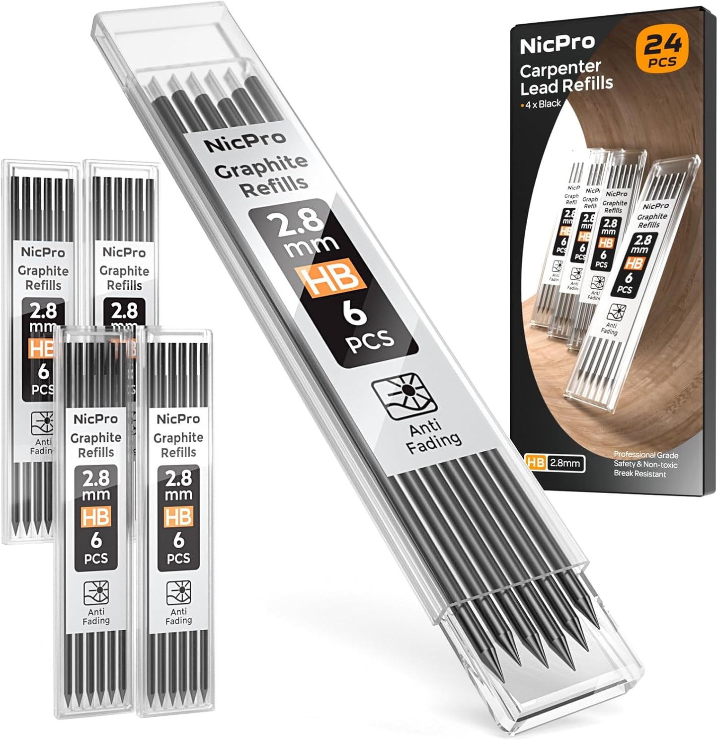 Nicpro 24 Pieces Carpenter Pencil Lead Refills 2.8mm, Break Resistant Leads for Construction and Woodworking Pencils (Black)