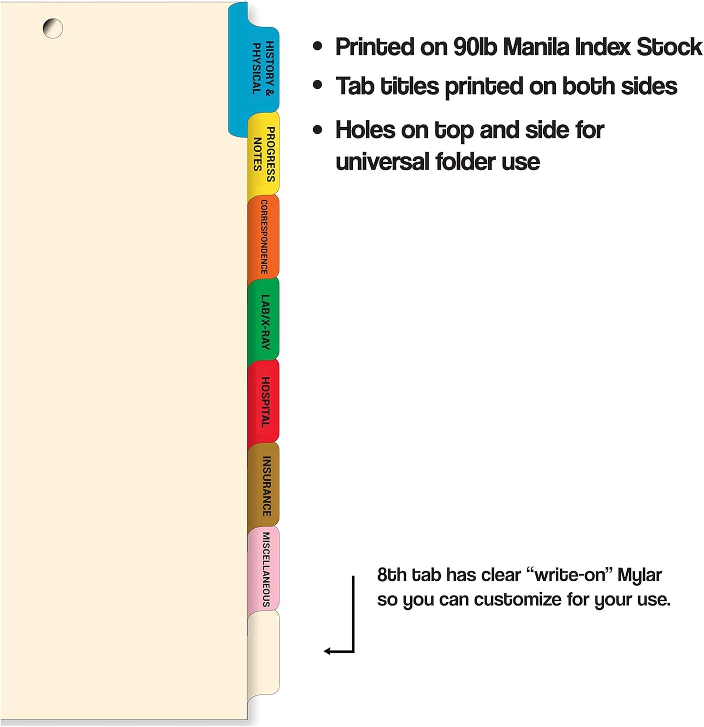 Doctor Stuff - Medical Fileback Divider Set, Side Tab, Side Fastener, 20 Sets of 8 Tabs