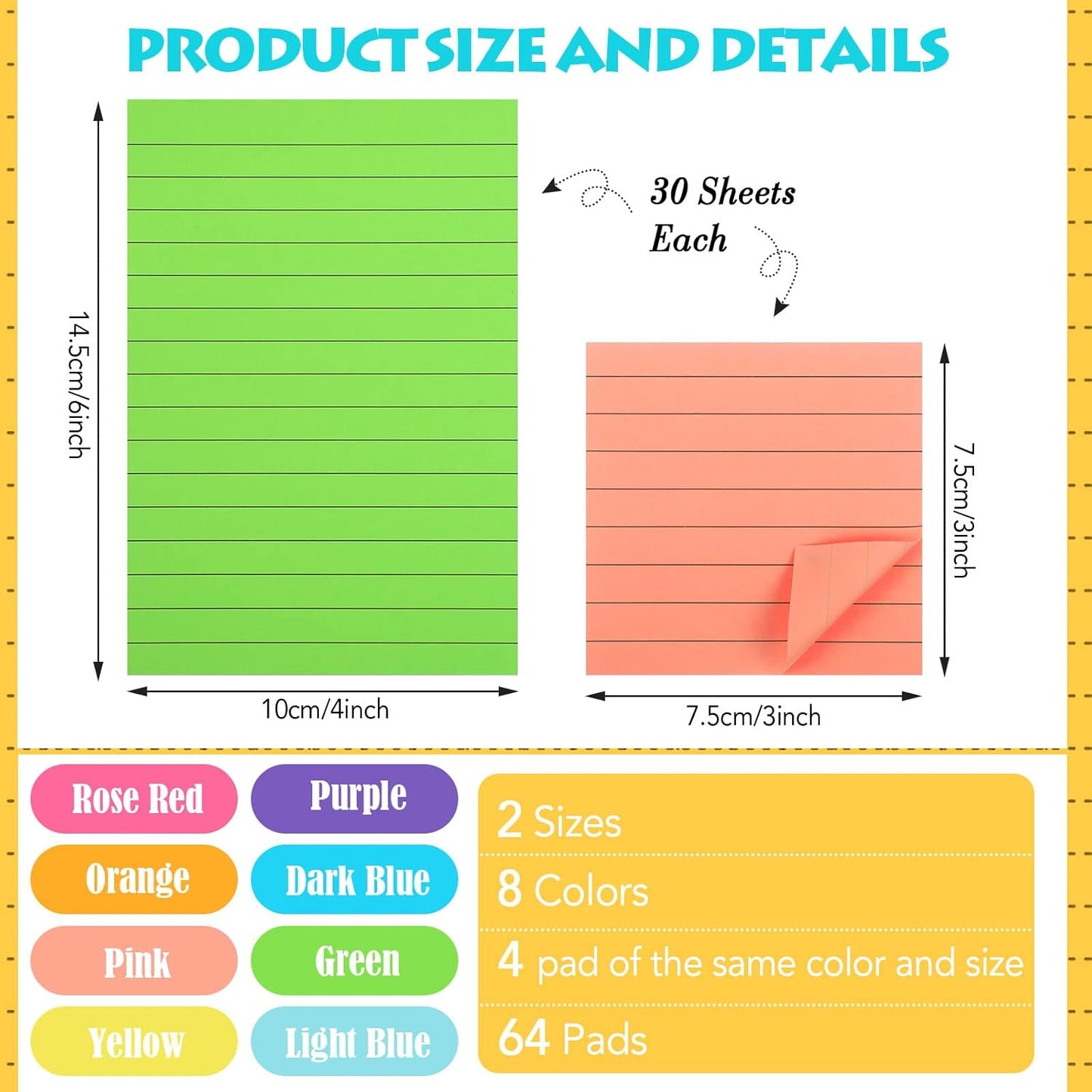 Yexiya 64 Pcs Lined Sticky Notes Self Stick Notes with Lines Bright Assorted Colors Sticky Pad for Home Office Products Post Memos, 1920 Sheets(4 x 6 Inch, 3 x 3 Inch,Vivid Color)