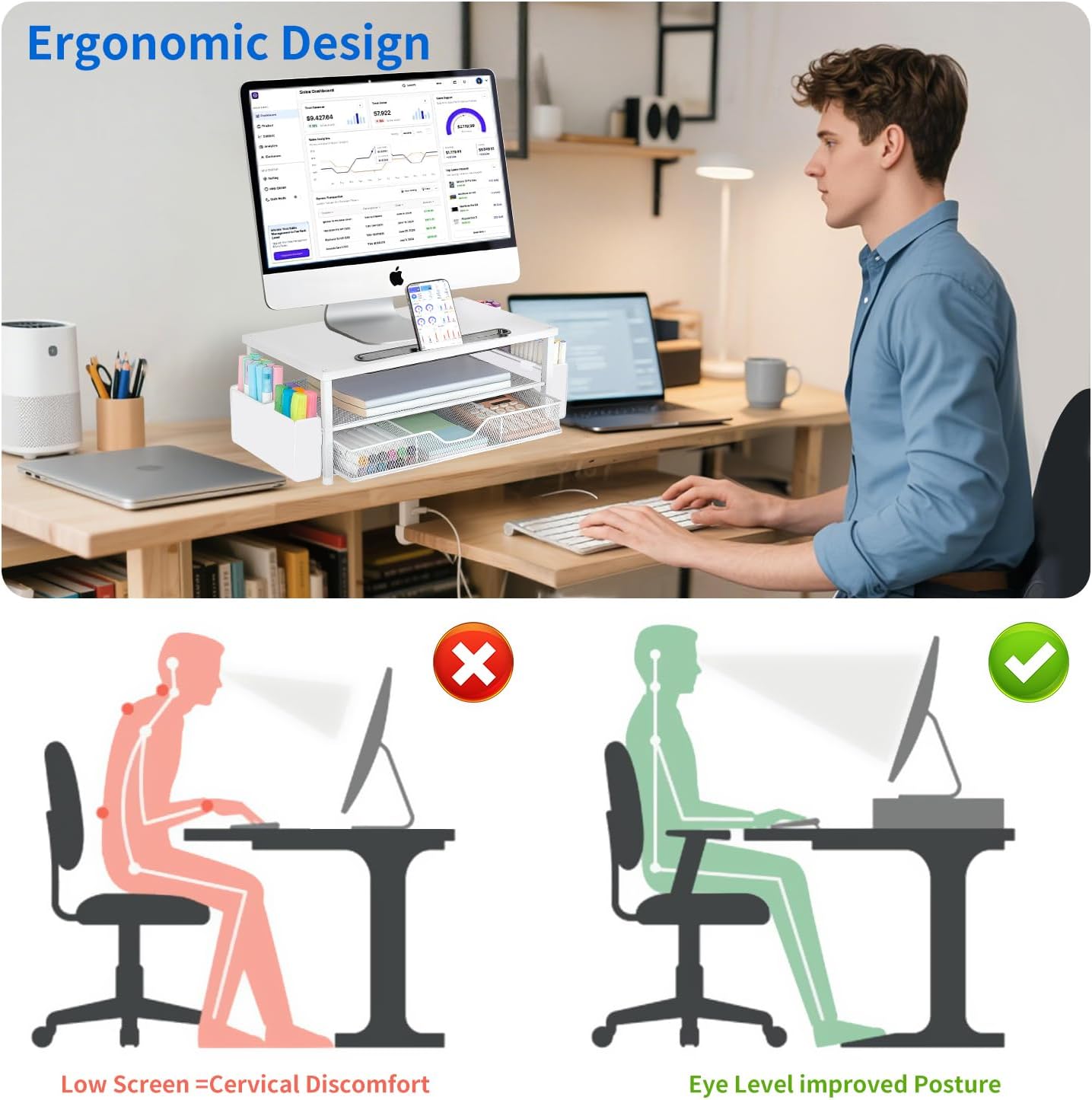 AUPSEN White Monitor Stand Riser, 2-Tier Wood Computer Desk Organizer with Drawer, Pen Storage & Phone Holder ，Office Desk Accessories Desktop Organizer for Office Supplies