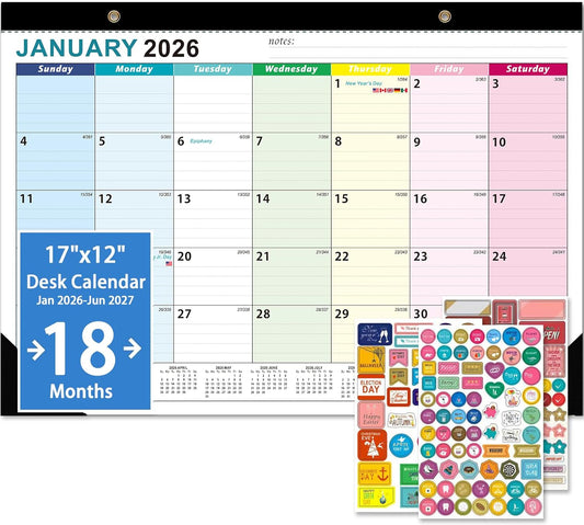 2026 Desk Calendar - 18 Monthly Calendar 2026-2027, Jan 2026 - Jun 2027, 17" x 12", Large Desk Calendar 2026-2027 with Thick Paper, Large Blocks, Stickers, Home or Office Calendar for Easy Organizing
