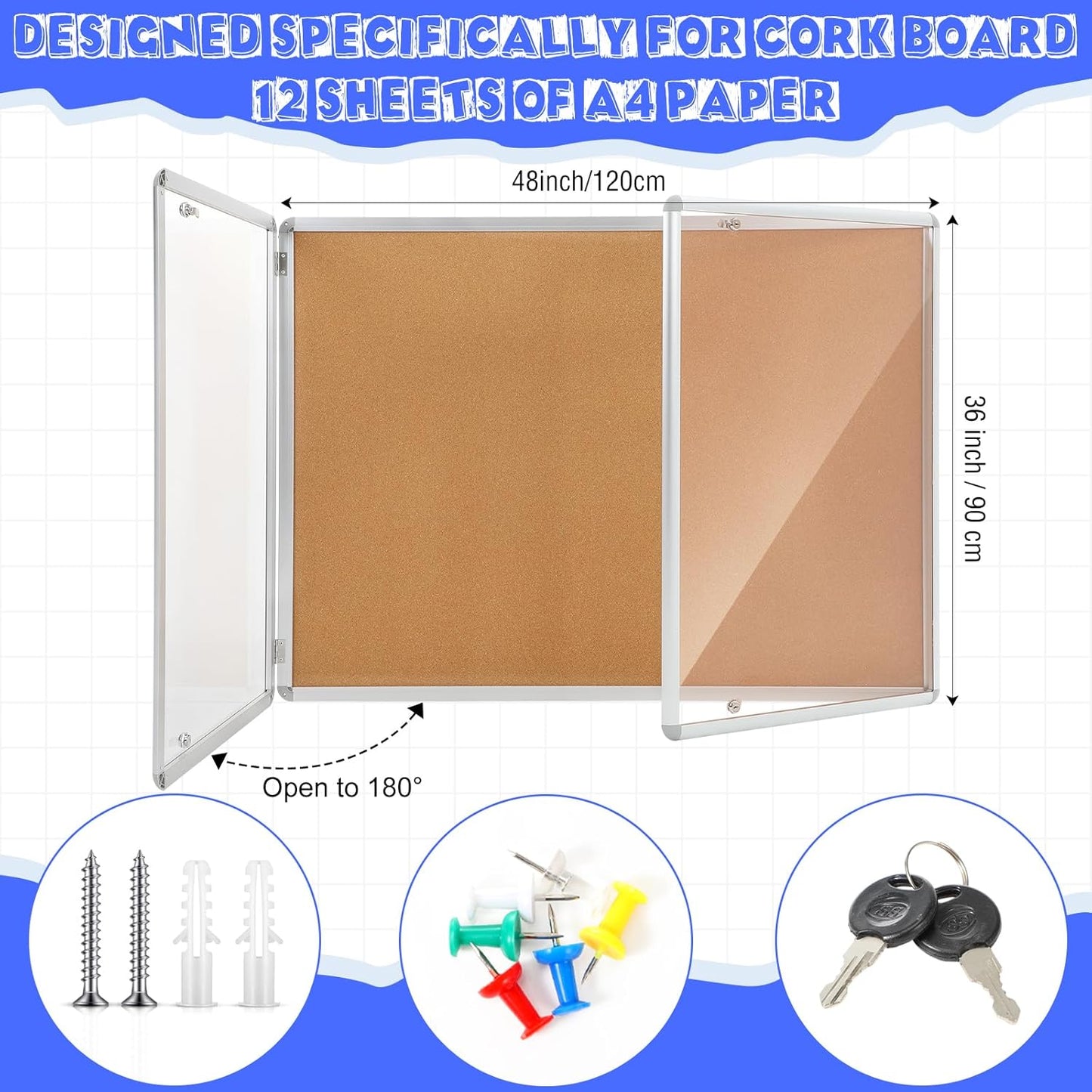 Enclosed Bulletin Board 48" x 36" Weather Resistant Lockable Notice Cork Display Board Wall Mounted 2 Locking Door for School Classroom Commercial Back to School, 12 x A4(Brown, Silver Frame)