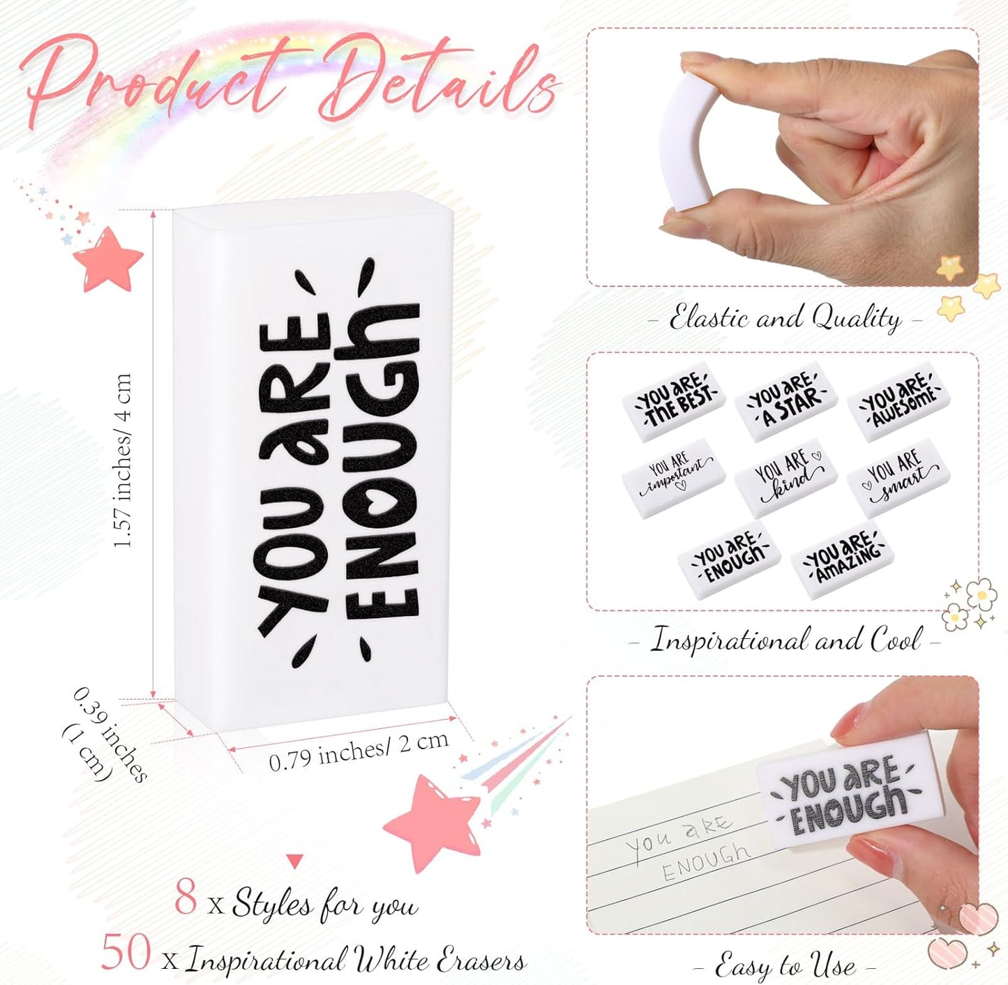 PerKoop 50 Pcs Back to School Inspirational Small Pencil Erasers Bulk for Kids, White Cute Fun Motivational Erasers Gifts for Teachers Students Classroom Reward First Day of School Supplies