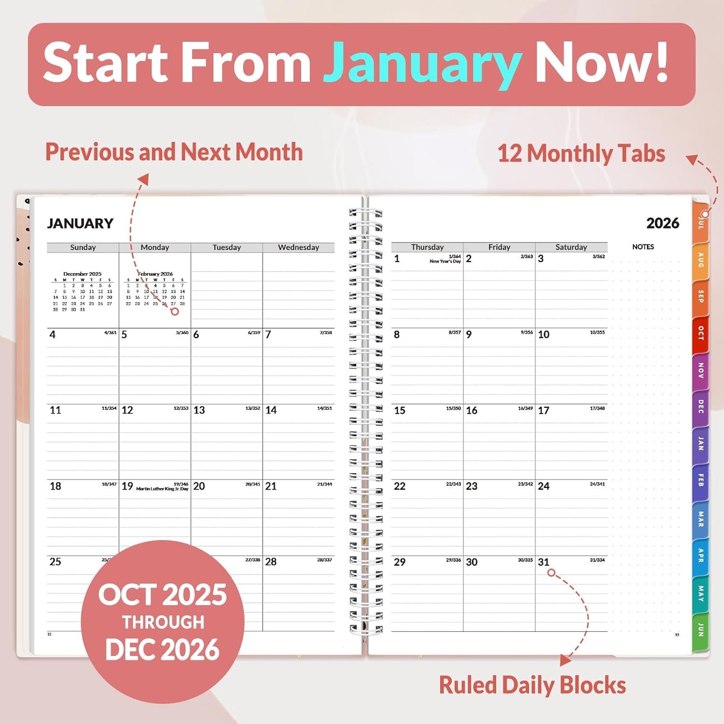 SUNEE 2026 Weekly and Monthly Planner - from January 2026 - December 2026, 8.5"x11" Daily Agenda Planner with Monthly Tab, Flexible Cover, Note Pages, Pockets, Bookmark, Spiral Binding, Pink Breeze