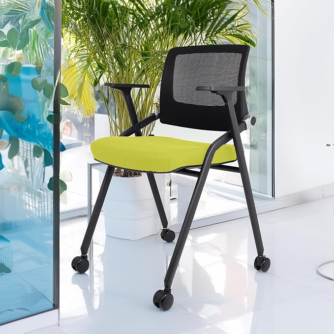 2 Pack Foldable Office Chairs with Wheels, Mesh Back, Arms and Portable - Folding Office Chairs for Conference Room Chair, Office Guest & Reception & Meeting Chair - (Green) 300 lbs.