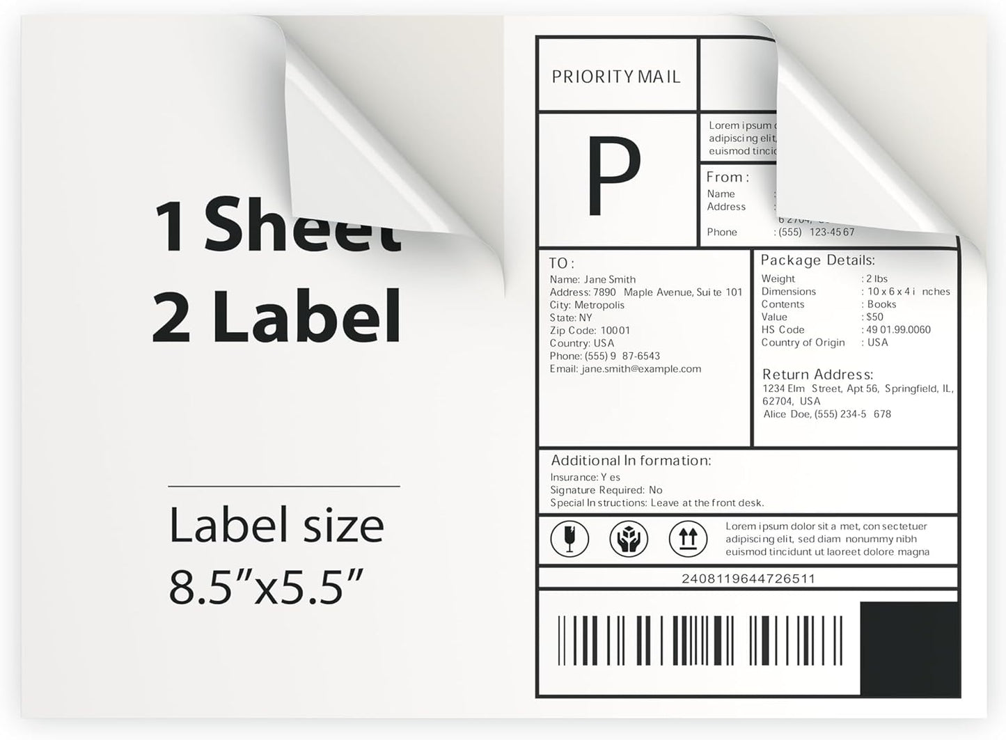 100 Sheet (200 Labels) | 8.5" x 11" 2 UP Half Sheet Self Adhesive Shipping Labels for Laser & Inkjet Printers | Ecommerce, Address, Mailing, Labeling, Packaging