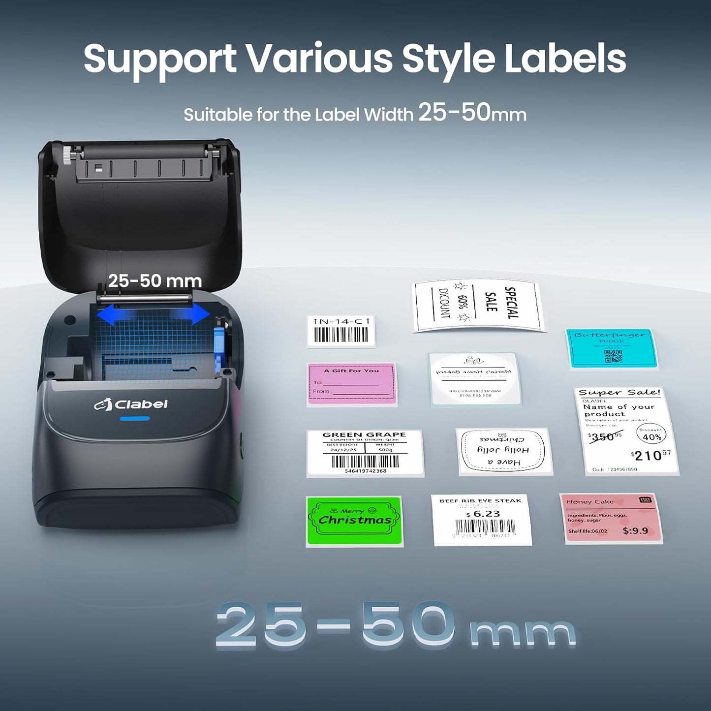 CLABEL Thermal Label Maker Machine: 221B Bluetooth Label Maker Machine with Tape Mini Sticker Printer Barcode Printer Compatible with Smartphone with 1 Roll 40x30mm Label (Blue)