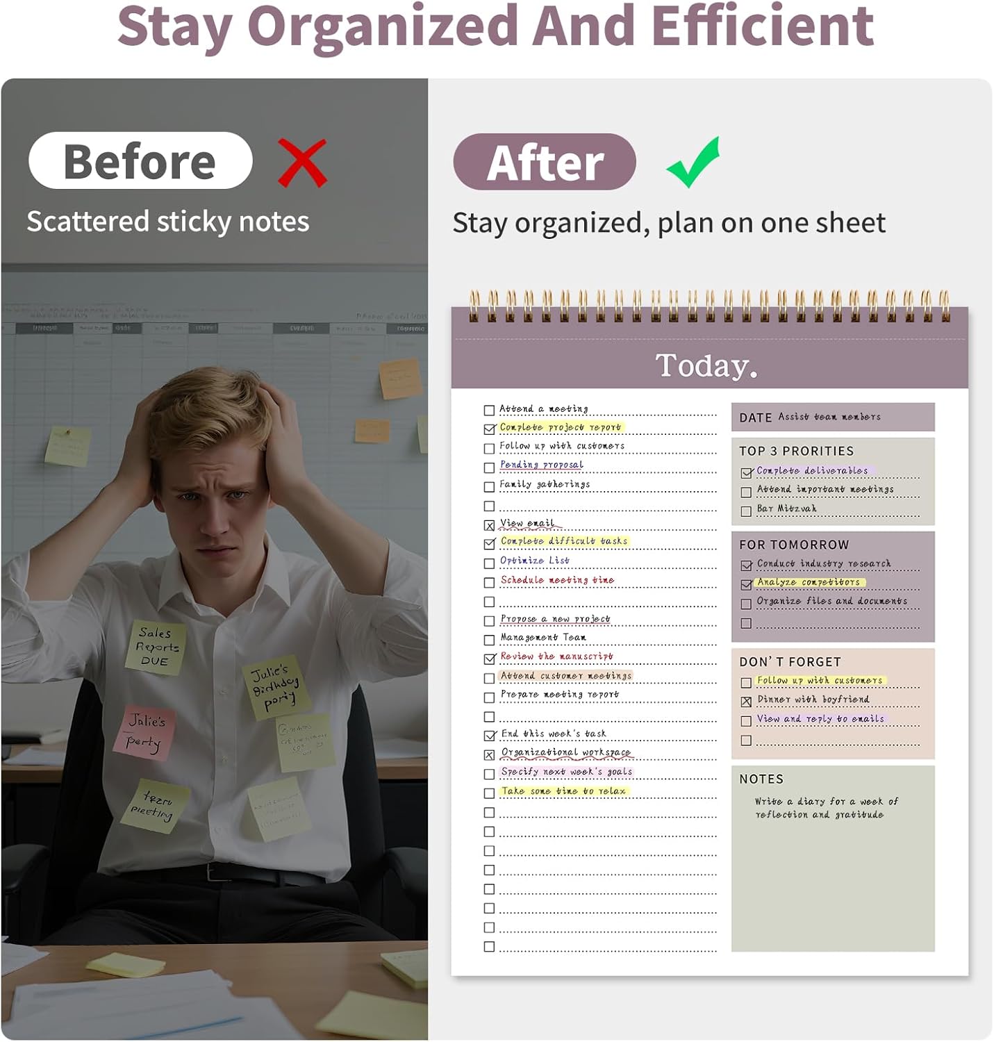 To Do List Notepad, 52 Undated Sheets （8.5"×11"）Duplex-printed Daily Planner For Work Home School Office Desk Accessories Supplies & Goal Setting Tasks- Purple