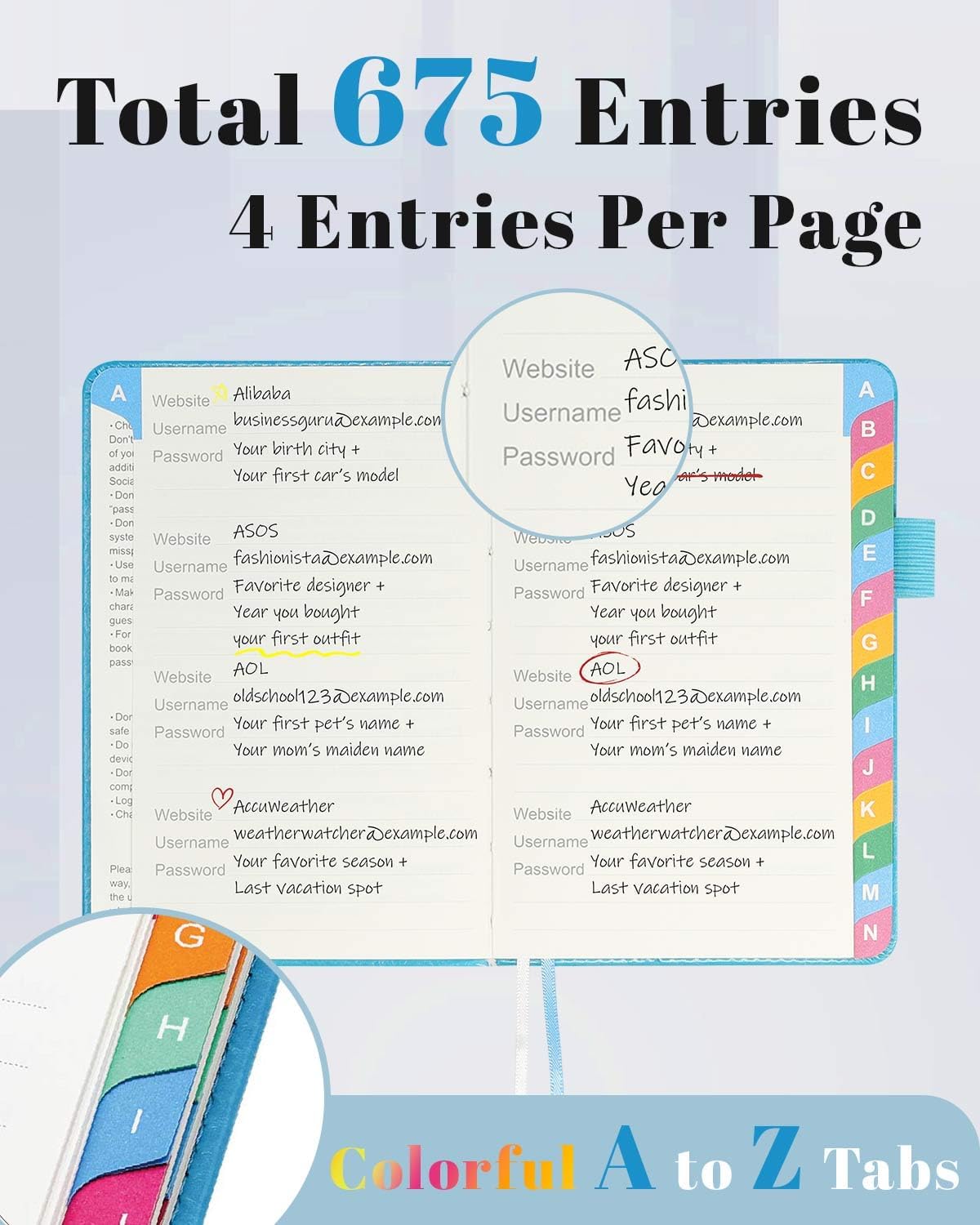 Small Password Keeper Book with Colorful Alphabetical Tabs, Hardcover Password Log-book for Internet Password and Website Address, 4.1"×6.2" Password Notebook for Home Office (Blue)