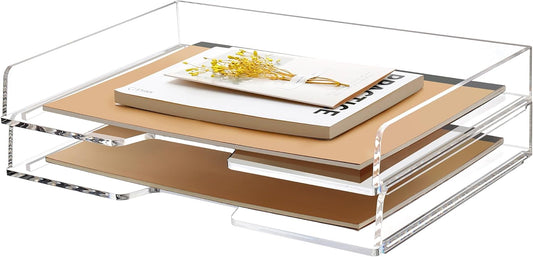 2 Pack- Stackable Paper Letter Tray, Enlarged A4 File Desk Organizer Acrylic Desk Organizers and Accessories Sorter Tray, Clear Workspace Office Supplies Organizers, 13.78inx9.25inx3.62in