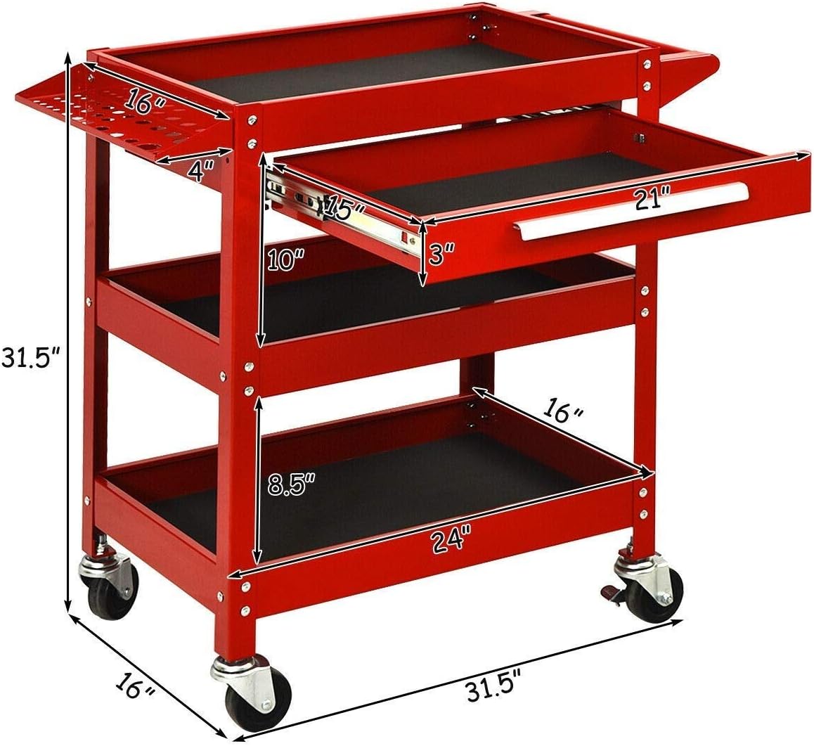 ERGOMASTER Metal Service Utility Cart with Wheels - 500LBS Tool Cart Heavy Duty Rolling 3-Tier Storage Organizer, for Garage Industrial Cart (Red)