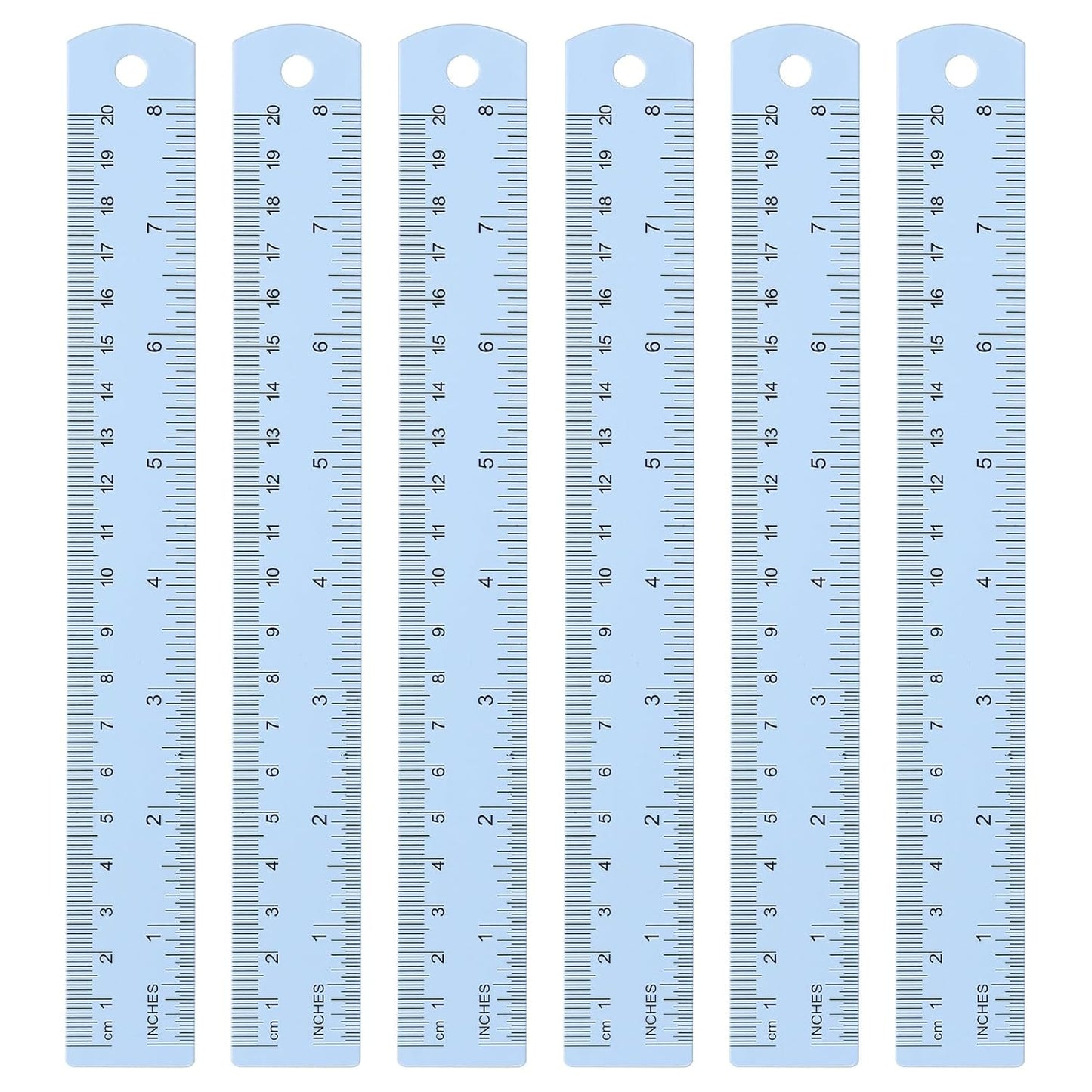HARFINGTON 6pcs Metal Straight Ruler 20cm Metric SAE Aluminum Alloy Measuring Rulers Scale Tool with Hole for Measure Study Reading Classroom Office, Light Blue