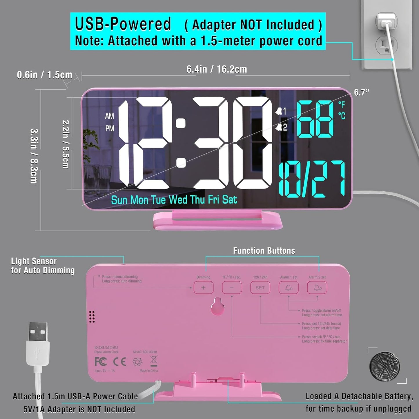 Pink Digital Clock for Bedroom 6.7in Dual Alarm Clock with Dimming, 12/24h, Seconds, Date, Day of Week, Temp, Desk Clock, LED Clock for Table Decor, Digital Calendar Table Clocks for Bedrooms KOSUMOSU
