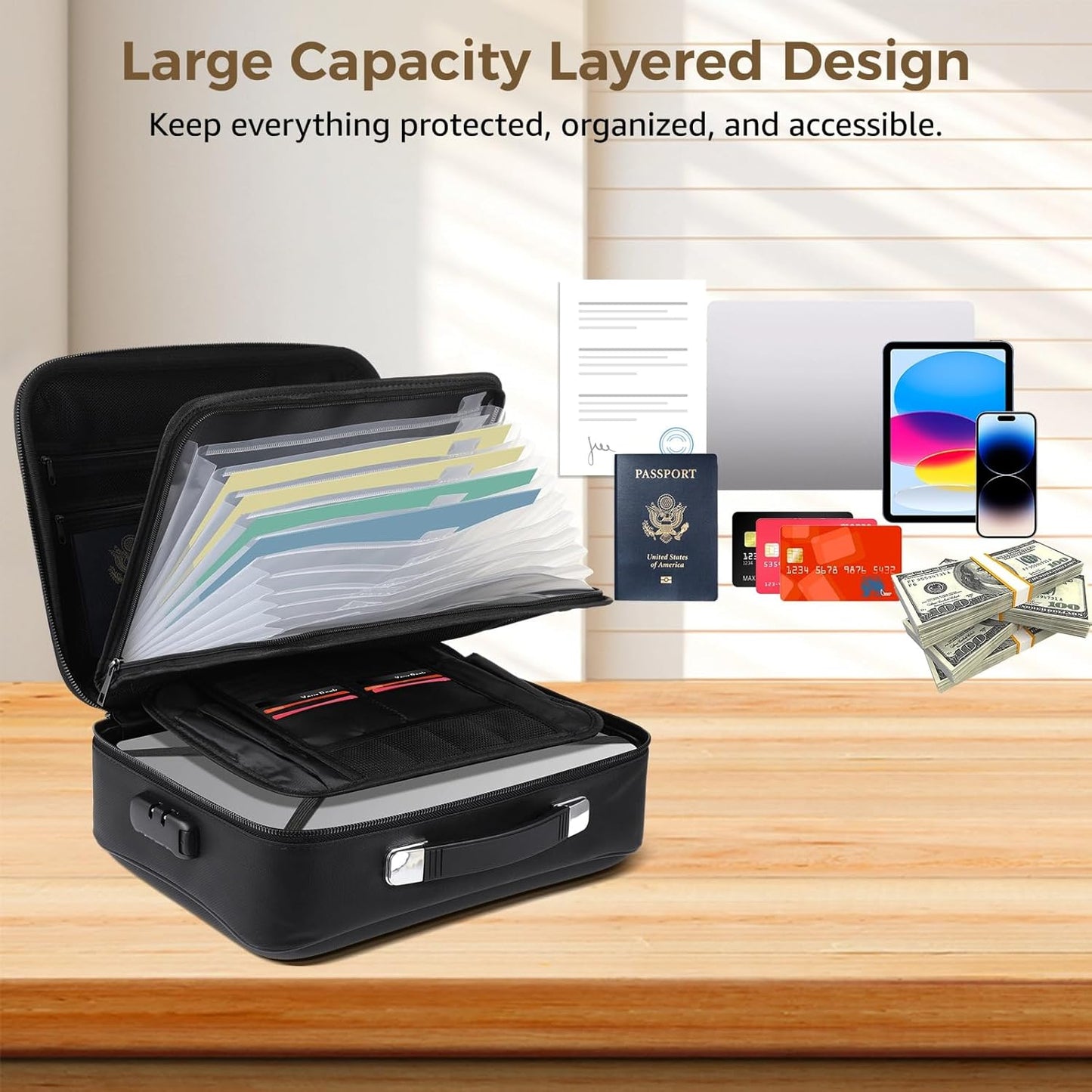 Fireproof Document Box with Lock, Hard Shell Fireproof Safe Case, File Organizer with Expandable Filing Compartments, Portable & Waterproof Storage Box for Home Travel