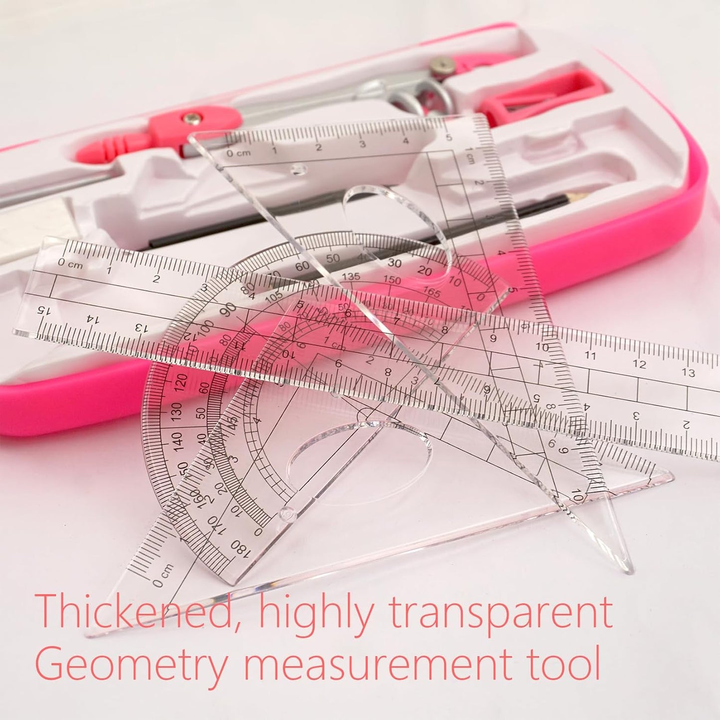 Geometry Compass Set Drafting Tools for School Students Geometry Compass Kit with Protractor, Set Squares, and Ruler Organized in a Plastic Case for Math Sarter and Homework – Stylish Pink