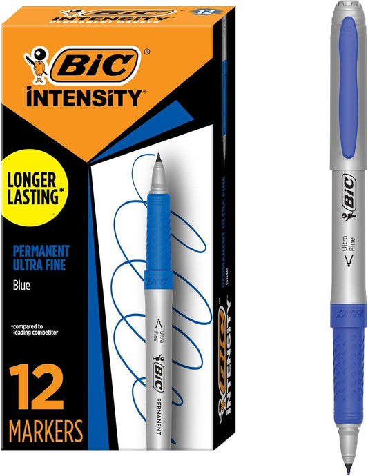 BIC Intensity Blue Permanent Markers, Ultra Fine Point, 12-Count Pack of Blue Markers With Non-Slip Grip for Comfort and Control