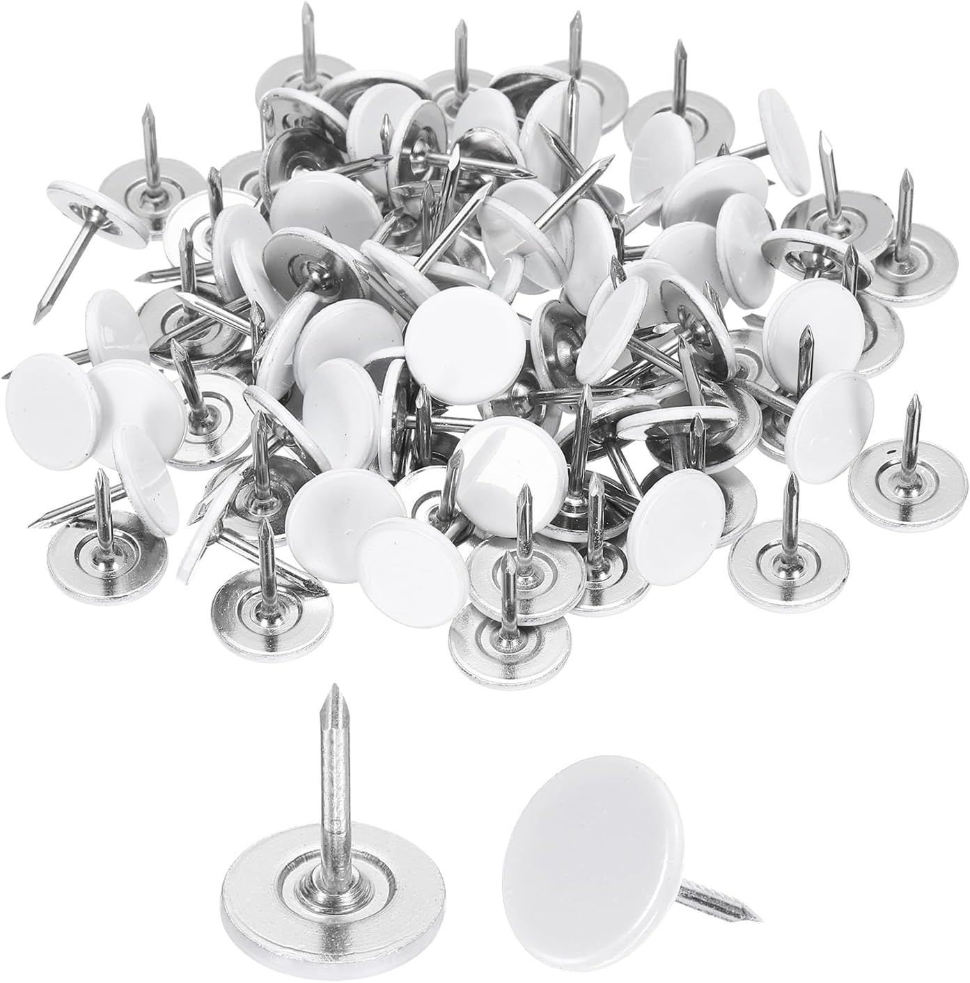 uxcell 120Pcs Push Pins, 11mmx17mm Round Flat Head Decorative Thumb Tacks Upholstery Tacks for Cork Board Office Wall Hangings, White