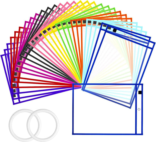 50 Packs Dry Erase Pocket Sleeves, Reusable Clear Plastic Classroom Sleeves, 10x14 Inch Ticket Holders, for School/Office Organization