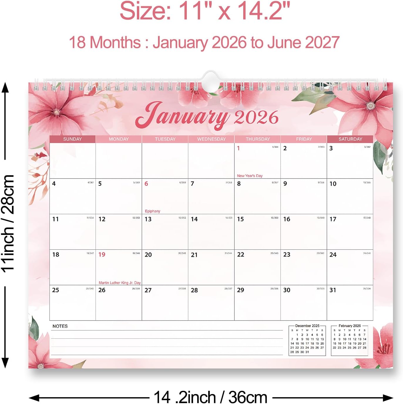2026 Calendar, Wall Calendar 2026-2027, 11" x 14.2" Monthly Desk Calendar for Home and Office, 18 Months From January 2026 to June 2027 With Vacation Overview