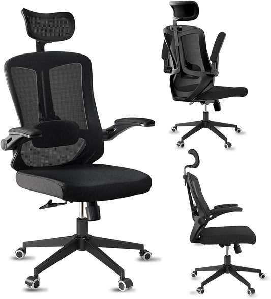 Comfy Office Chair, Home Ergonomic Desk Chairs, High Back Gaming Mesh Computer Chair with Wheels, Lumbar Support, Adjustable Headrest, Flip-up Armrest 350LBS Capacity