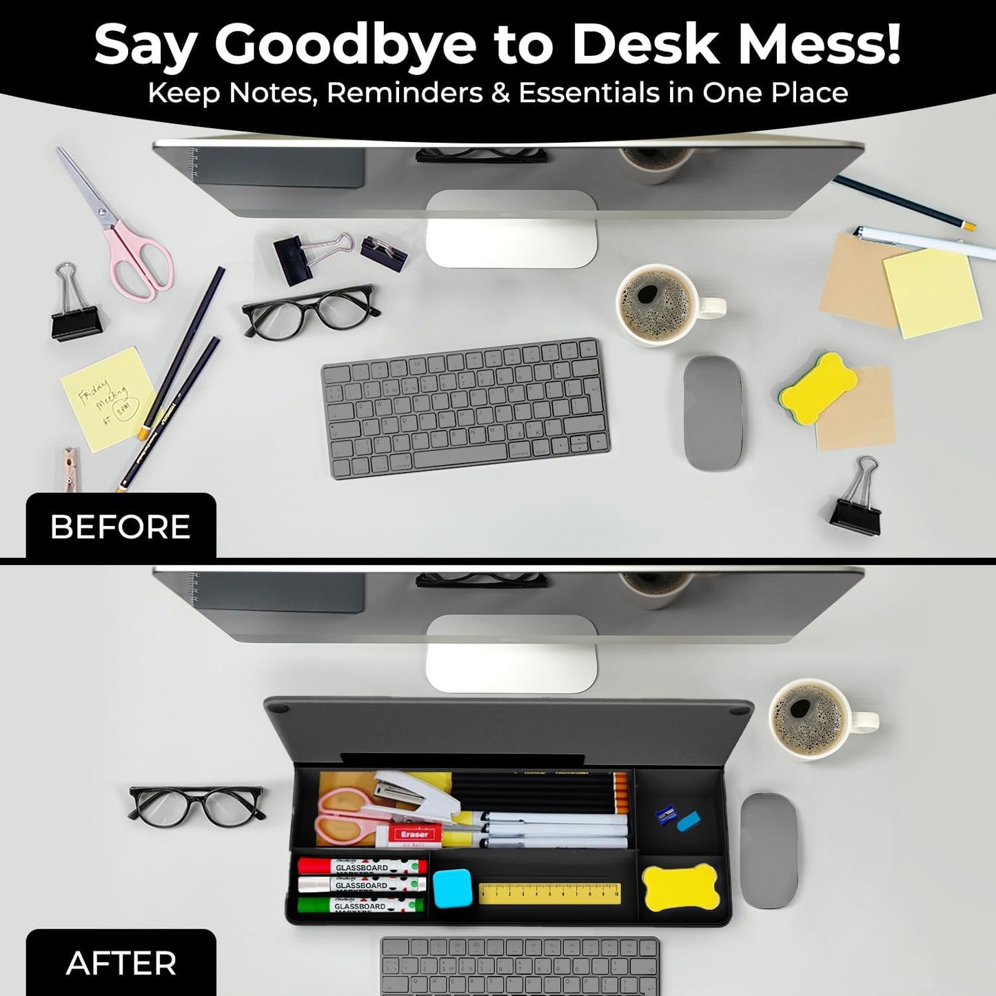 Chalkola Black Glass Desktop Whiteboard with Storage - Dry Erase Board, Work Desk Organizers, Computer Keyboard Stand, Home Office Desk Accessories, Workspace Desktop Buddy + 3 Markers