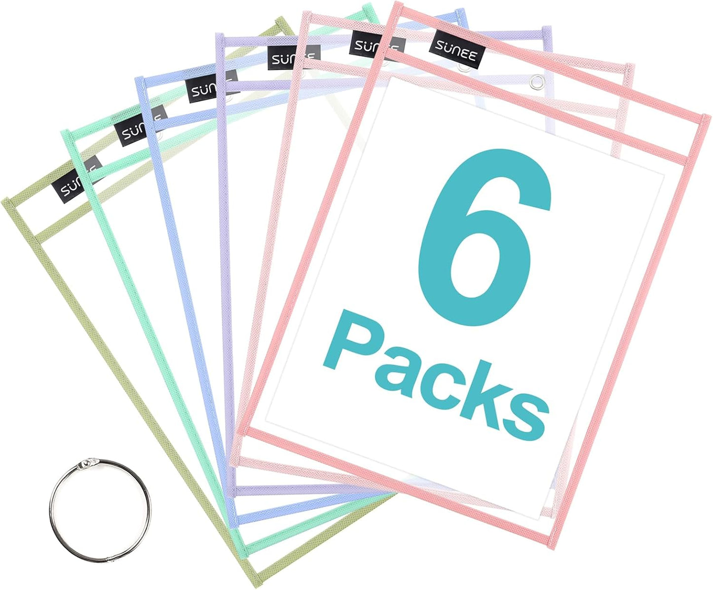 SUNEE 6 Packs Oversized Reusable Dry Erase Pocket Sleeves with Binder Ring, 6 Morandi Colors 10x14 Ticket Holders, Clear Plastic Sheet Protectors, Teacher School Classroom Supplies