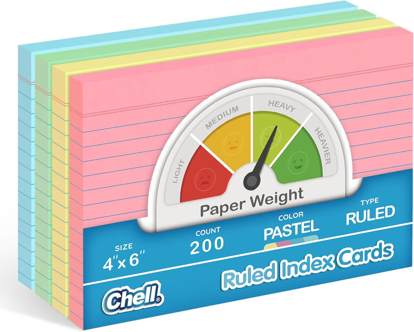 Chell 200 Count Index Cards 4x6 Inch Heavyweight, Ruled Front and Blank Back, 65 lb. Cover Weight, Pastel Colors