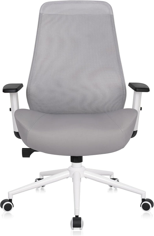 HYLONE Office Chair, 5" Thickened Seat Ergonomic Desk Chair with Adjustable Armrests, Home Office Computer Chairs for Long Hours Mesh Executive Chair(White Base&Grey)