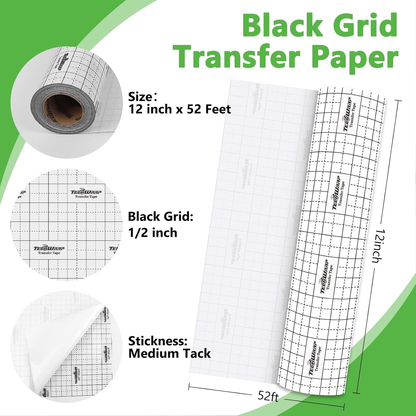TECKWRAP Transfer Tape for Vinyl Vinyl Transfer Tape - 12" x 52FT Adhesive Transfer Tape for Permament Viyln Decals and Stickers,Windows,Signs,Clear Alignment Grid