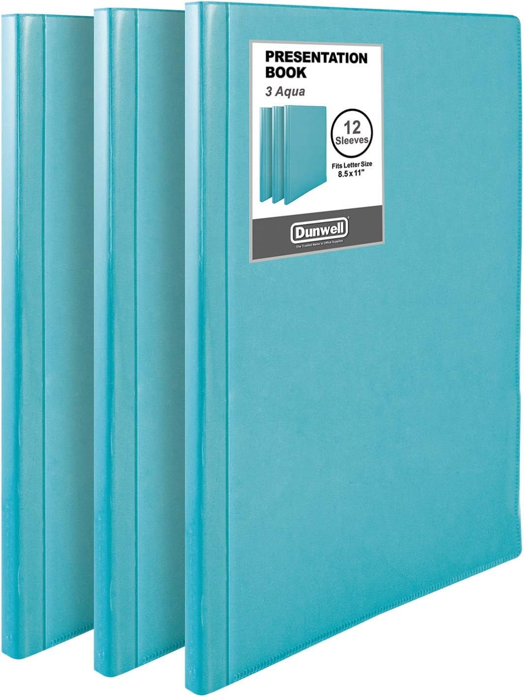 Dunwell Presentation Binder 12-Pocket, Displays 24 Pages, 8.5x11 Portfolio Binder with Plastic Sleeves, Storage and Organizer for Documents, Certificates, Projects, Photos (3 Pack, Aqua)