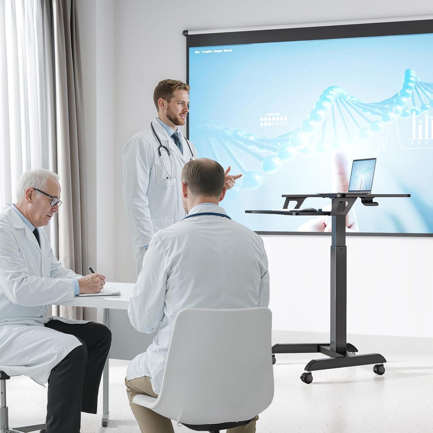 Standing Rolling Desk-Height Adjsutable up to 47.2' Rolling Podium for Teachers, 31.2'× 27.5' Dual Tier Sanding Desk for Classroom, Moveable Laptop Cart, Teacher Podium with Wheels, Black