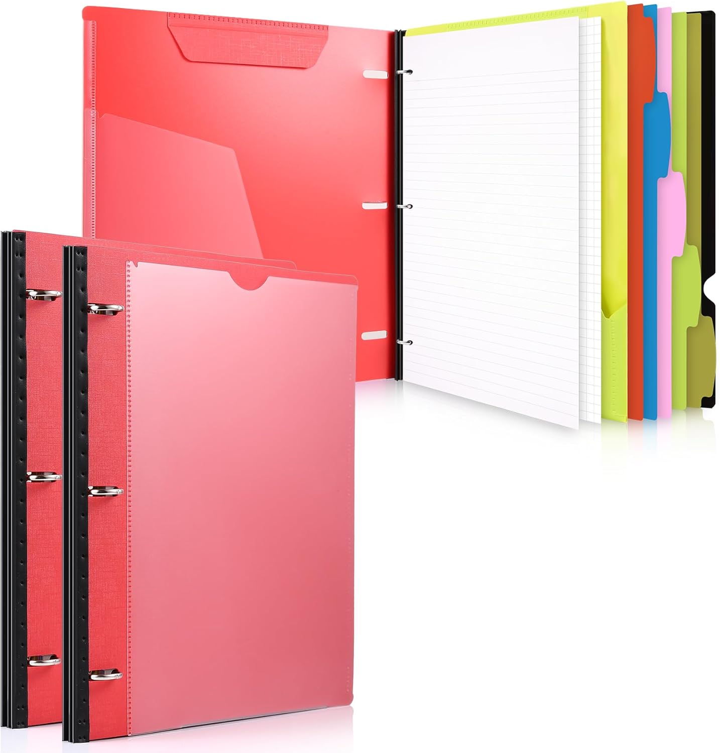 WOT I 2-Pack Telescoping 3 Ring Binder Notebooks - Customizable Cover, 5 Dividers & Pocket Folder in One Slim Organizer (60 Sheets Included), Red