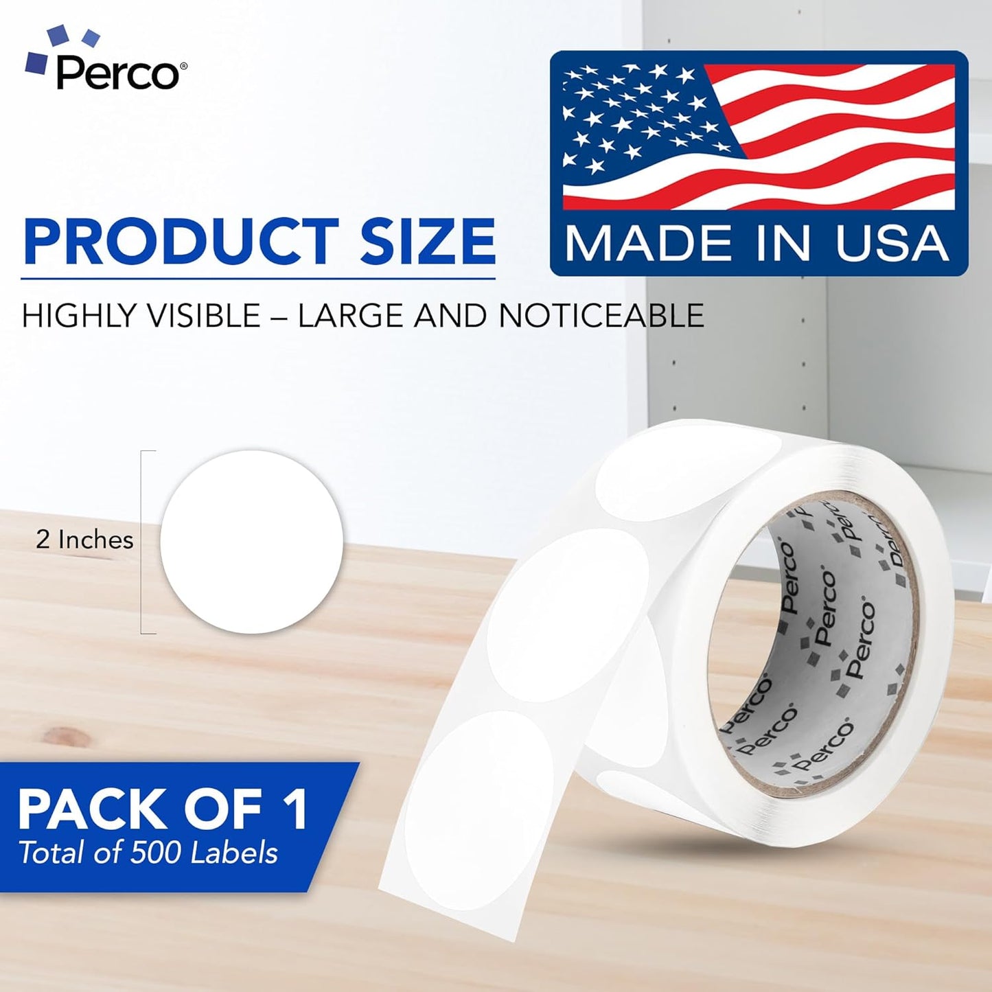 Perco White 2-Inch Round Circle Dot Sticker Labels with Easy Peel Perforation - 500 Labels per Roll - Strong Adhesion, Vibrant Colors for Organizing, Crafting & More - Made in USA