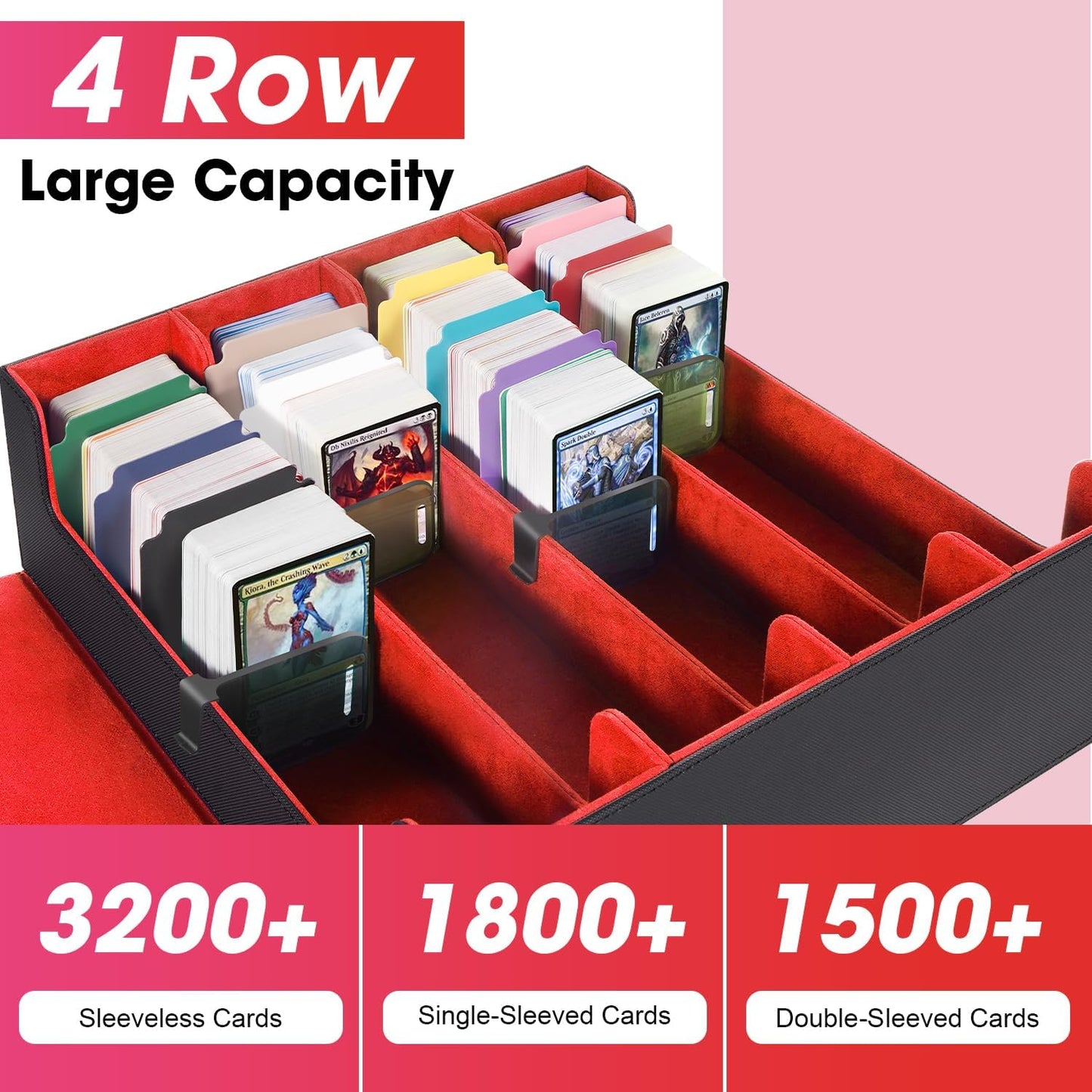 Card Organizer Box, 3000+Trading Card Storage Box, PU Leather Card Organizer Box With 24 Dividers, Magnetic Closure, 4 Supporters, Card Holder Box For Game Sports Card,Red